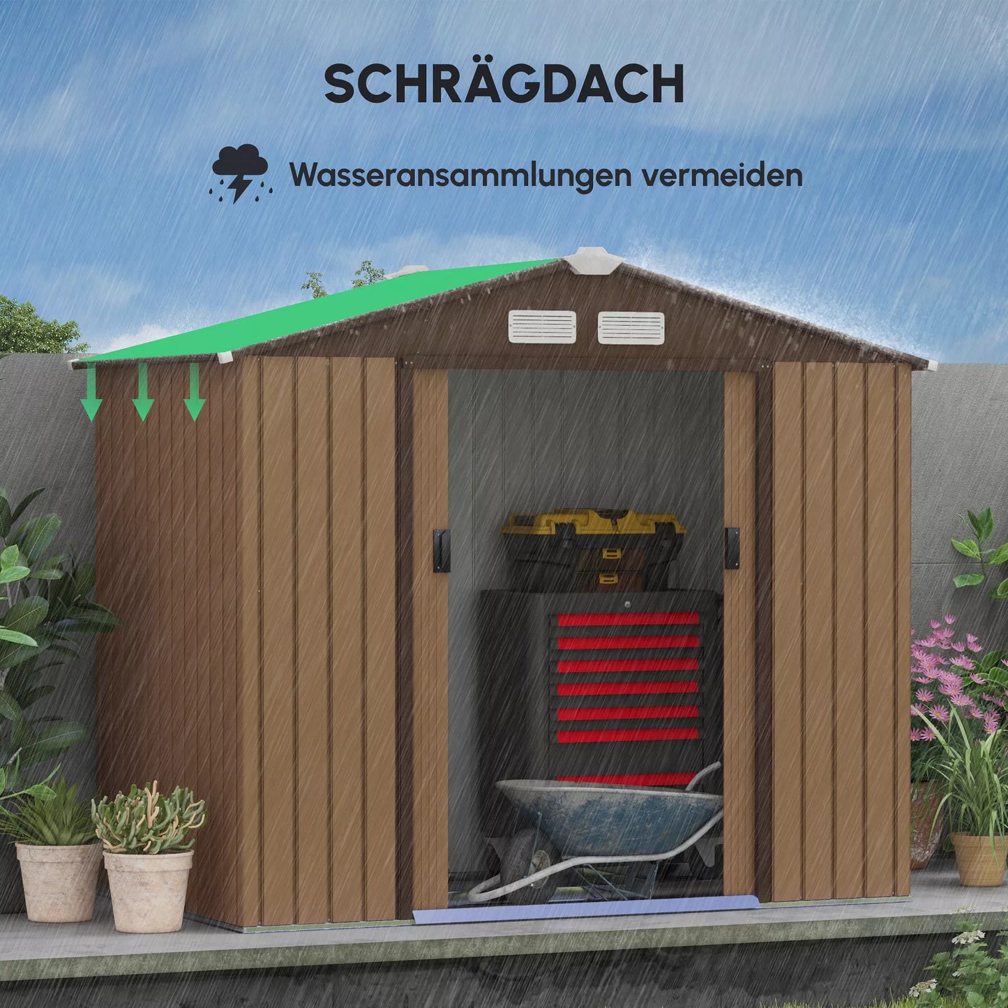 Outsunny Metalo ūkinis namelis su stumdomomis durimis 2,13 x 1,30 x 1,85cm Geltonas Outsunny