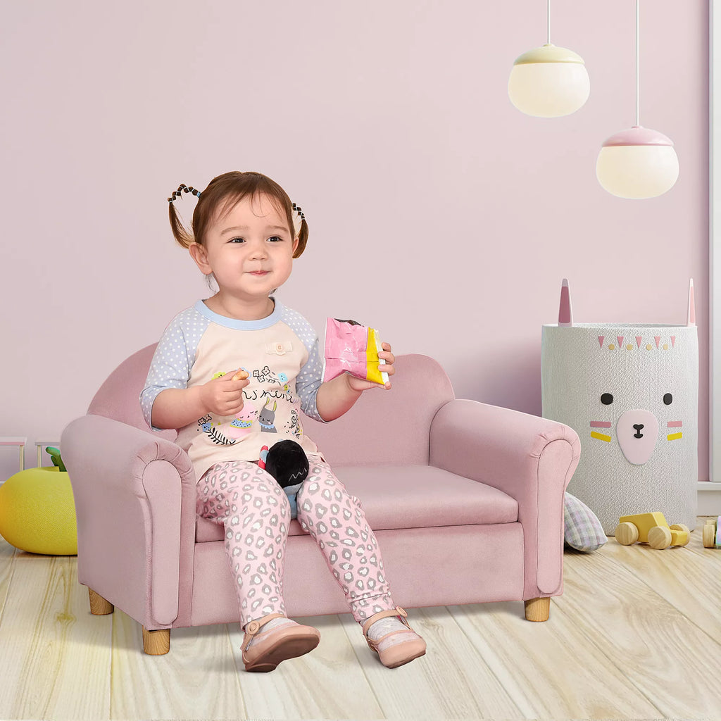 Vaikiškas sofos komplektas, dvivietė sofa vaikams nuo 3 iki 5 metų, daiktų laikymo dėžė, natūralaus medžio rėmas, 84 x 41,5 x 48,5 cm, rožinė