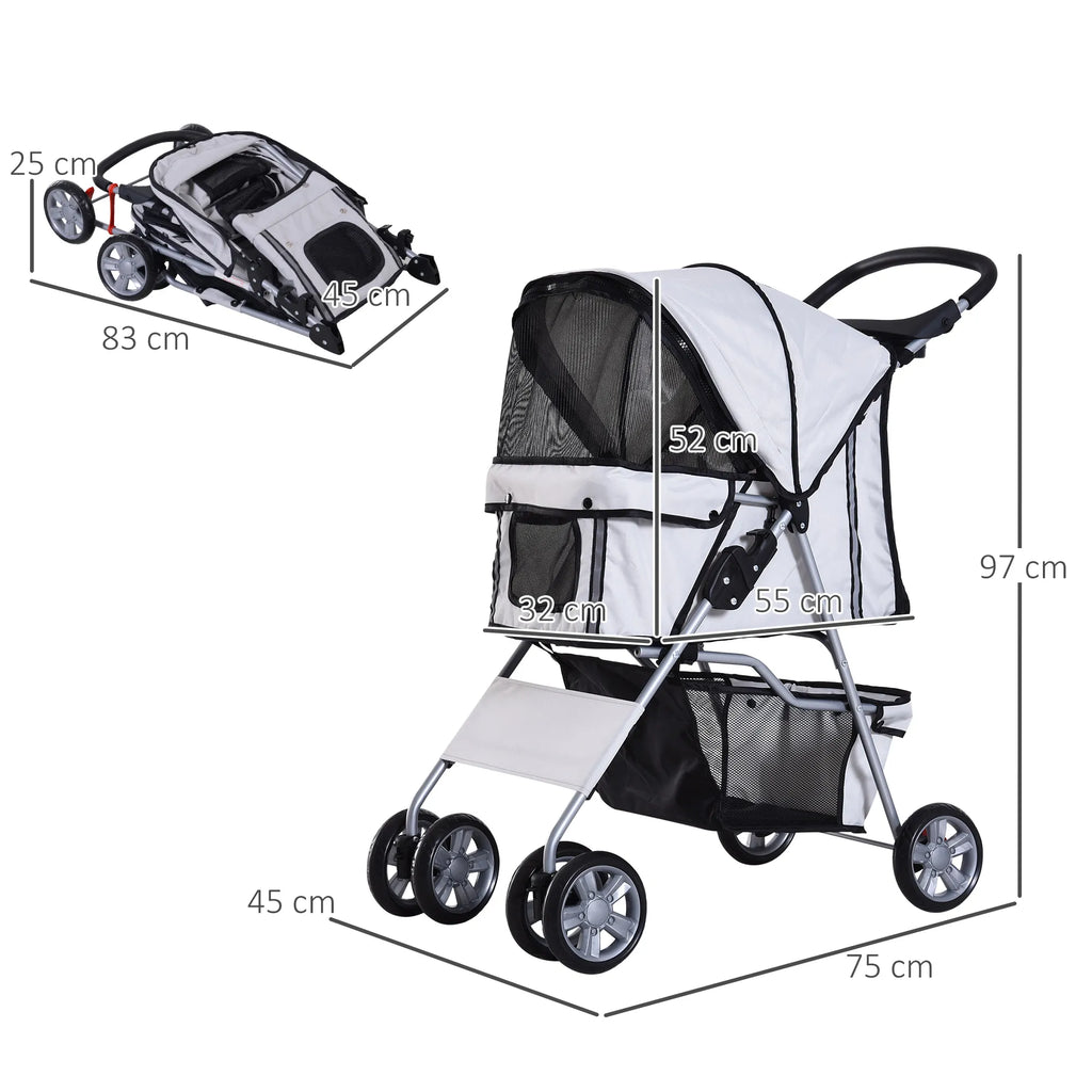 Infografika su šuniui skirto vežimėlio matmenimis: 83 cm aukštis, 45 cm plotis, 75 cm ilgis