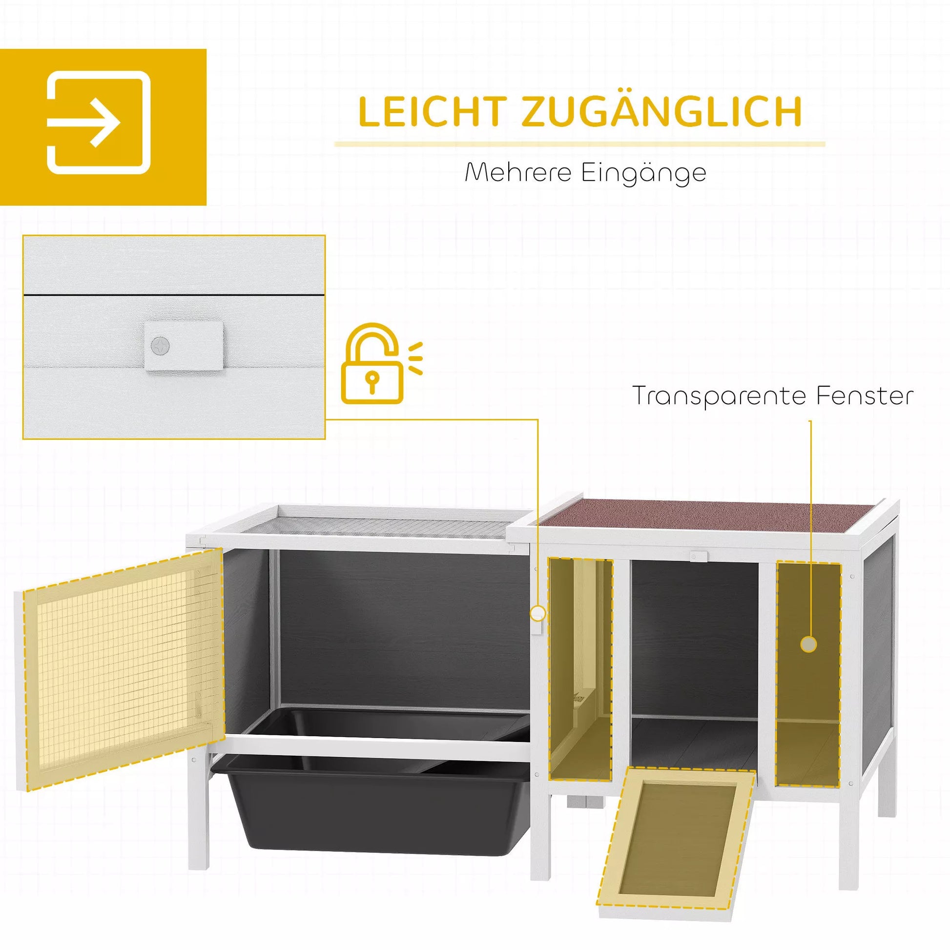 Hasenstall Medinis triušių narvas su laisvo judėjimo aptvaru, rampa, 3 įėjimais, ištraukiamu dubeniu, 105 x 57,5 x 51,5 cm Pilkos spalvos