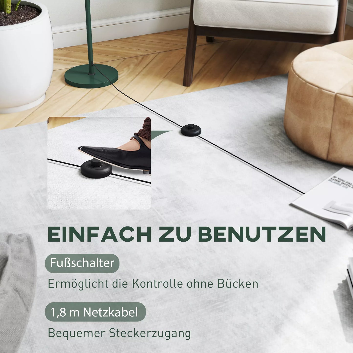 Toršeras, apvalus gaubtas, kojinis jungiklis, ilgas laidas, elegantiška išvaizda, plienas, žalia