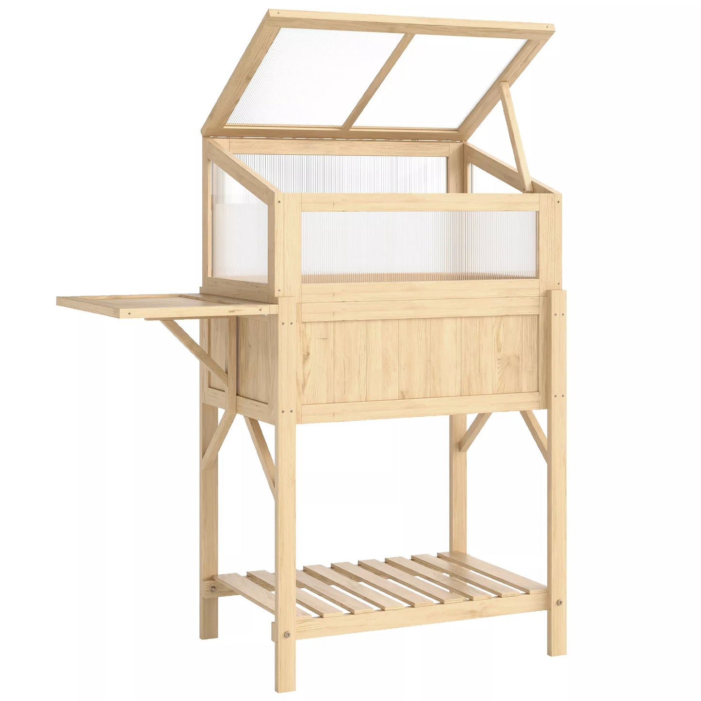 Pakelta lysvė su rėmu iš medžio, sulankstoma sodinimo dėžė su šiltnamiu, šoninis staliukas, daiktadėžė, natūrali mediena