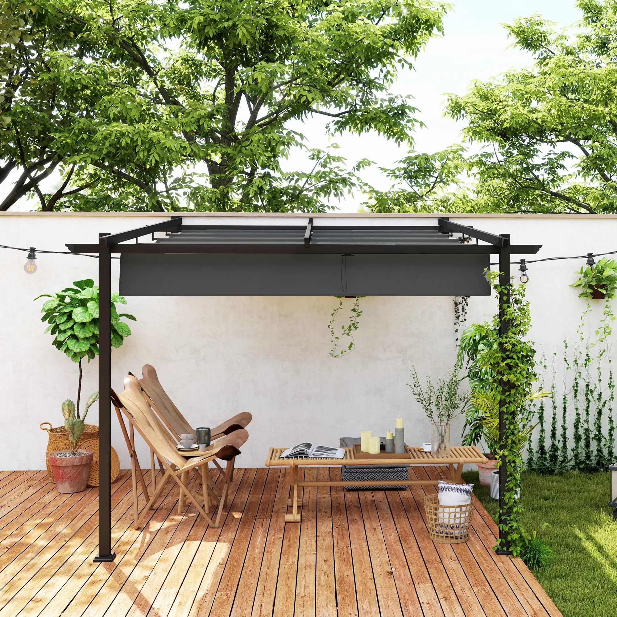 Pavilionas, 3 x 3 m Pergola, Vėjo nepraleidžiantis terasos stogas, Montavimas prie sienos, Reguliuojamas stogas, Skirtas sodui, terasai, Tamsiai pilkos spalvos