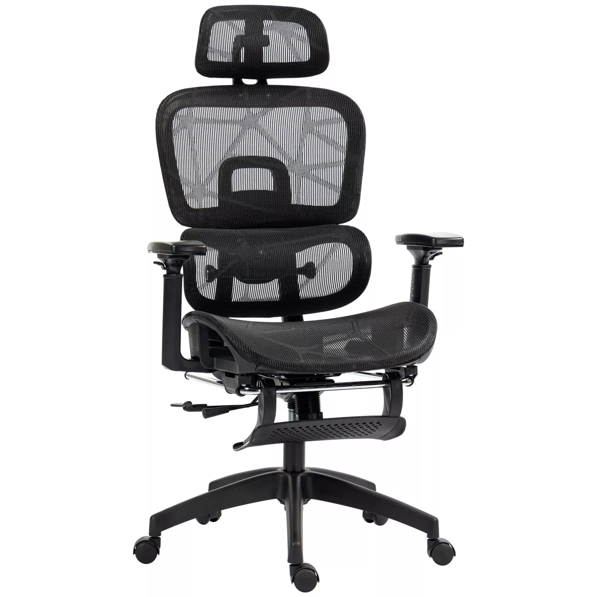 Juoda ergonominit biuro kėdė su tinkliniu atlošu, galvos atrama ir porankiais ant balto fono