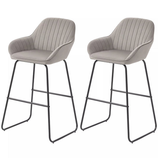 2 vnt. baro kėdžių komplektas, baro kėdės su audinio apmušalu ir putplasčio užpildu, paminkštintos kėdutės su metalinėmis kojomis, pilkos