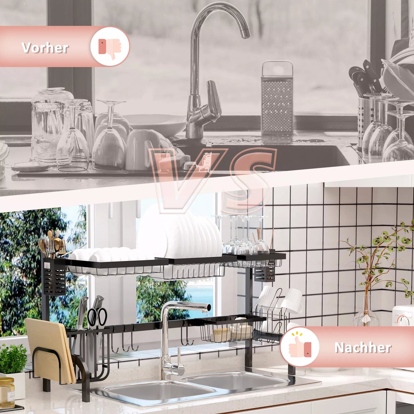 Džiovykla indams, 2 pakopų džiovykla su kabliukais, lentyna lėkštėms, priedai, 100 cm plieno, juoda