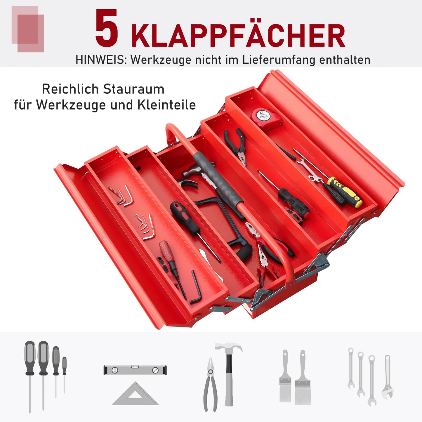 Įrankių dėžė, 5 skyrių, atidaroma, plienas (SPCC), raudona, 56 x 20 x 41 cm