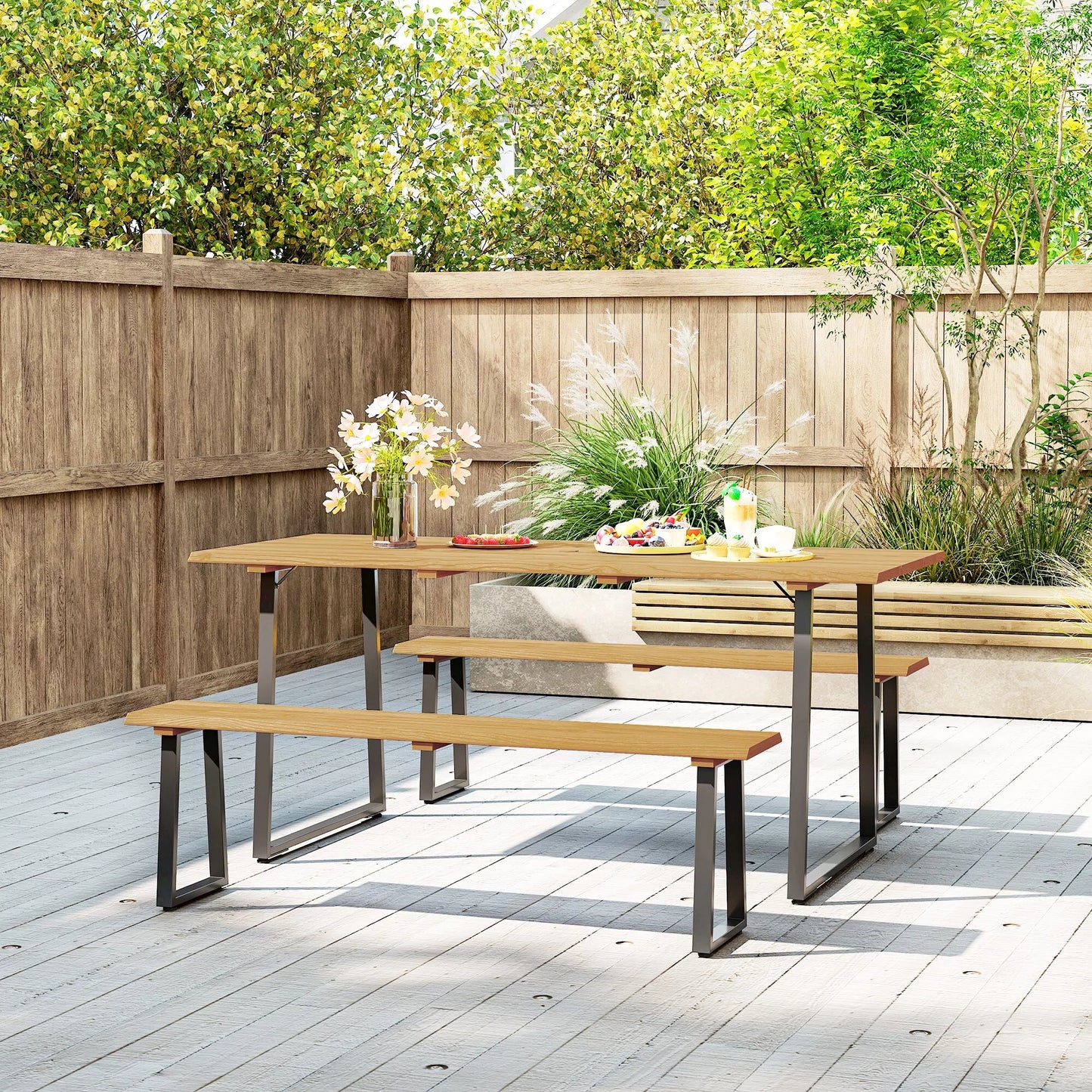 3 dalių medinė sėdimoji grupė, valgomojo komplektas 6 žmonėms, valgomasis stalas su 2 suoliukais, skylė skėčiui, medinis stalas 178 x 76 x 77 cm, natūrali mediena