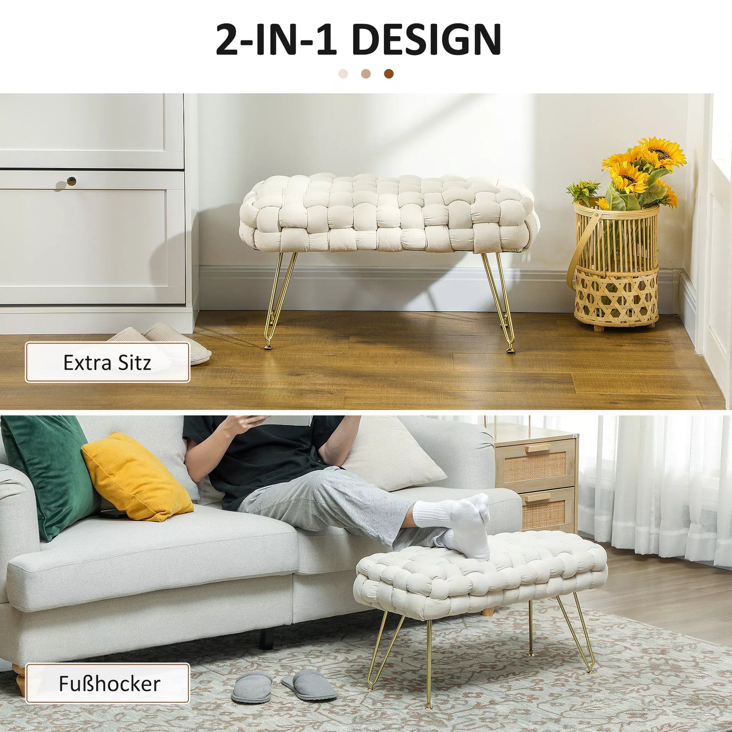 Modernus pufas su metalinėmis kojomis, paminkštinta sėdyne, svetainei, miegamajam, koridoriui, kreminės baltos spalvos