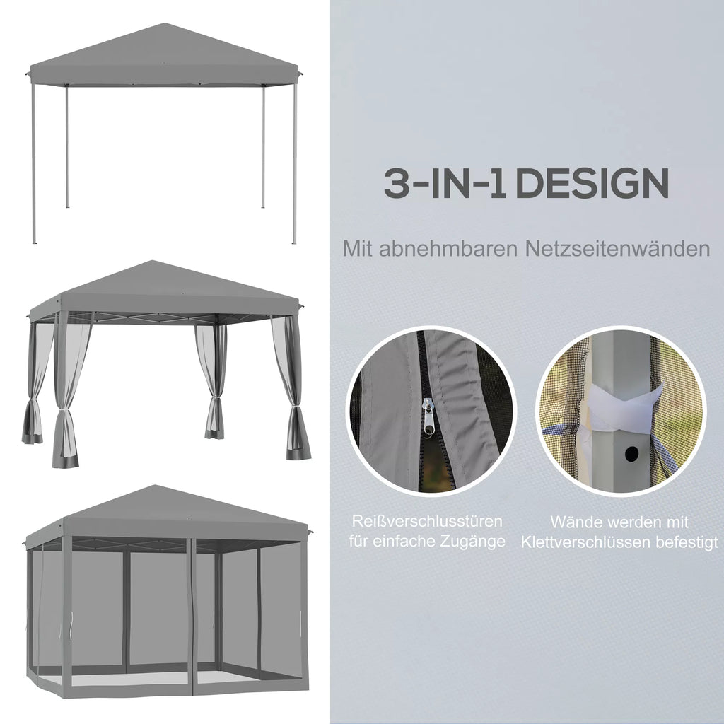 Sulankstomas paviljonas, sulankstoma palapinė su šoninėmis sienomis, įskaitant nešimo krepšį, sodo paviljonas, metalas, oksfordo audinys, 3 x 3 m, šviesiai pilkos spalvos