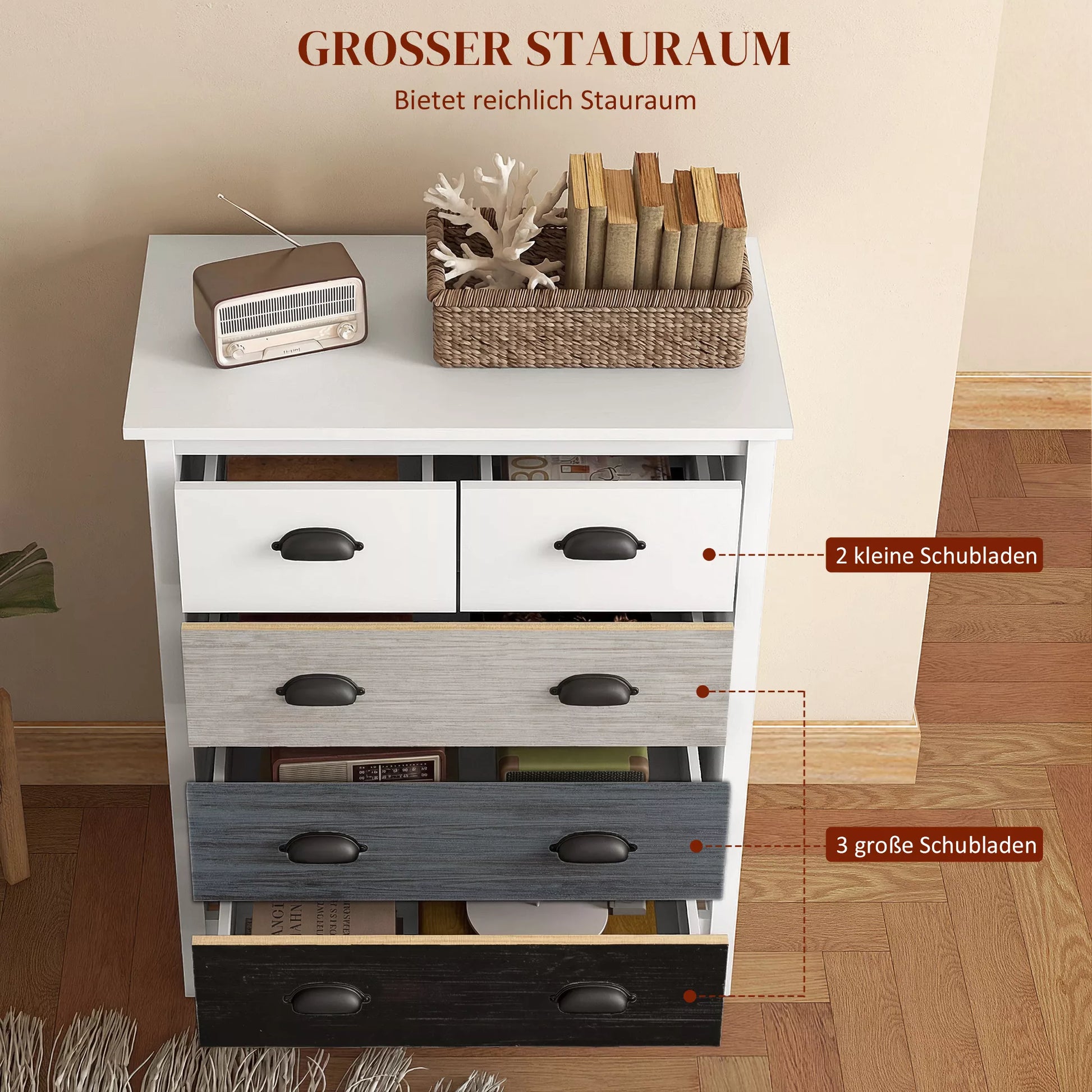 Bufetas, komoda, 5 stalčiai, lakuotas paviršius, MDF ir pušies mediena, 70 x 38 x 85 cm, balta