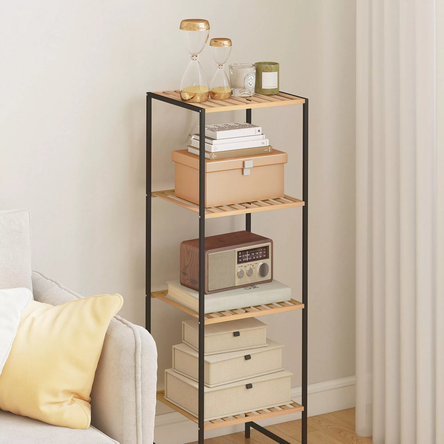 Pastatoma lentyna, 4 aukštų vonios lentyna, knygų lentyna, bambukas ir plienas, 36,5x33x110 cm, natūrali