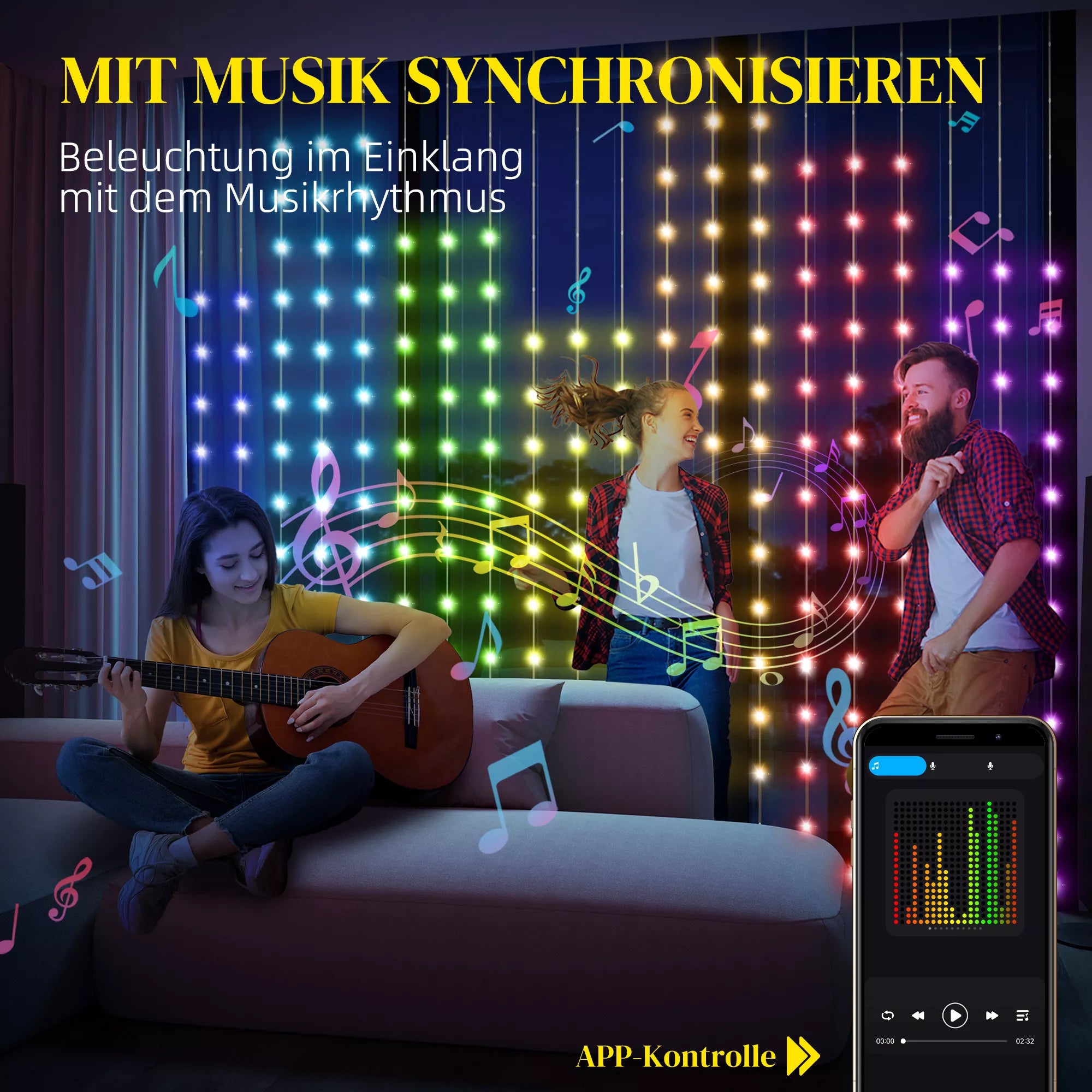 Užuolaida su 400 LED žiburėlių, dinamiškos girliandos su muzikos sinchronizavimu miegamajam, svetainei, 3 x 3 m