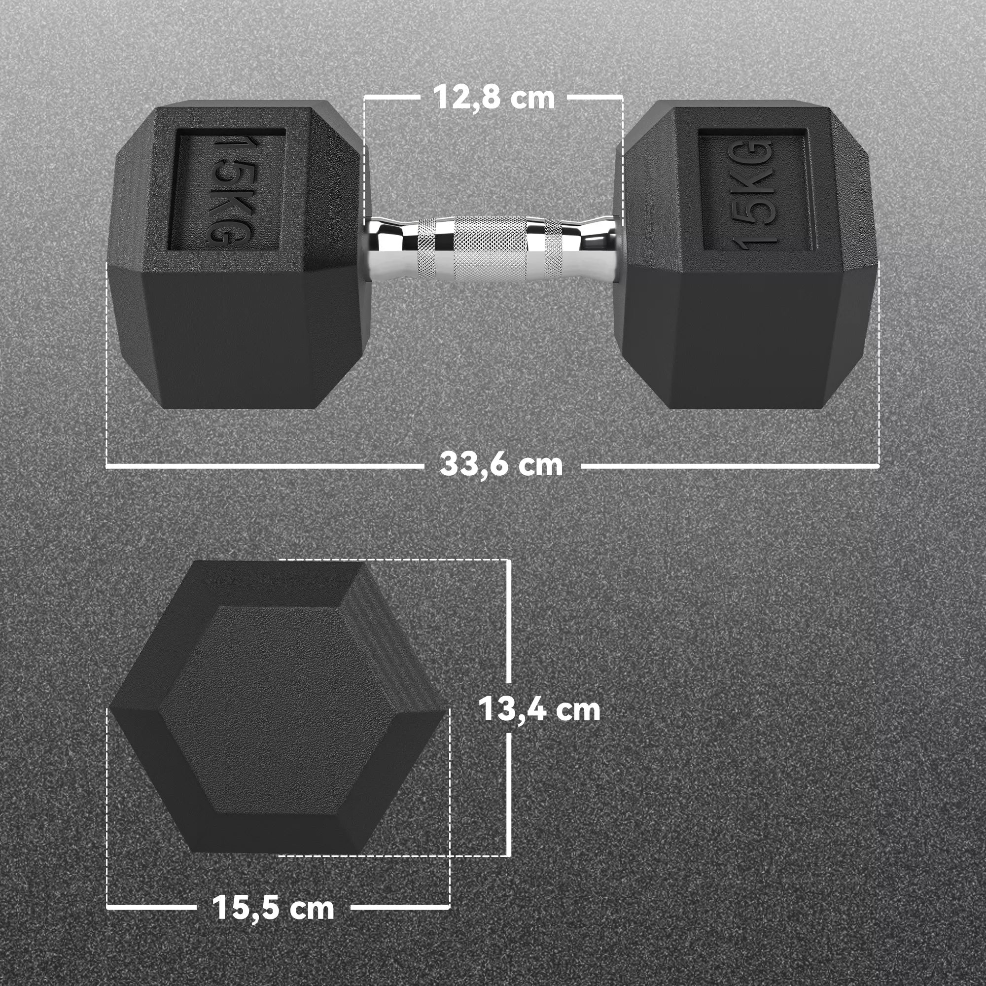 Infografika su matmenimis: 33,6 cm ilgis, 12,8 cm skersmuo, 15 cm šonas