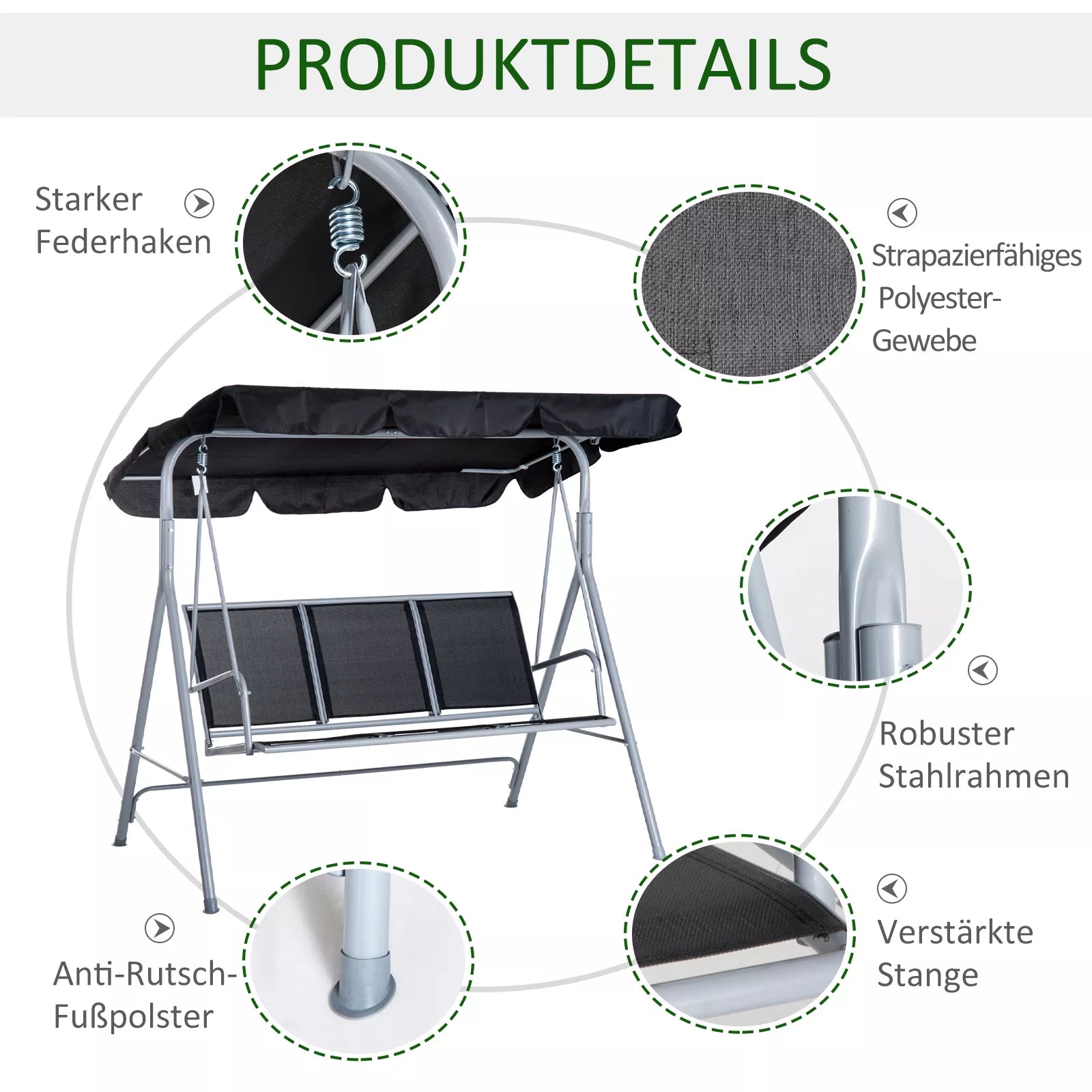 Hollywood sūpuoklės su reguliuojamu stogeliu nuo saulės, 3 vietų sodo sūpuoklės su neslystančiomis kojelėmis, sūpuoklinis suoliukas atlaiko iki 240 kg, sodo gultas sodui, terasai, 171x108x150cm, juodos spalvos