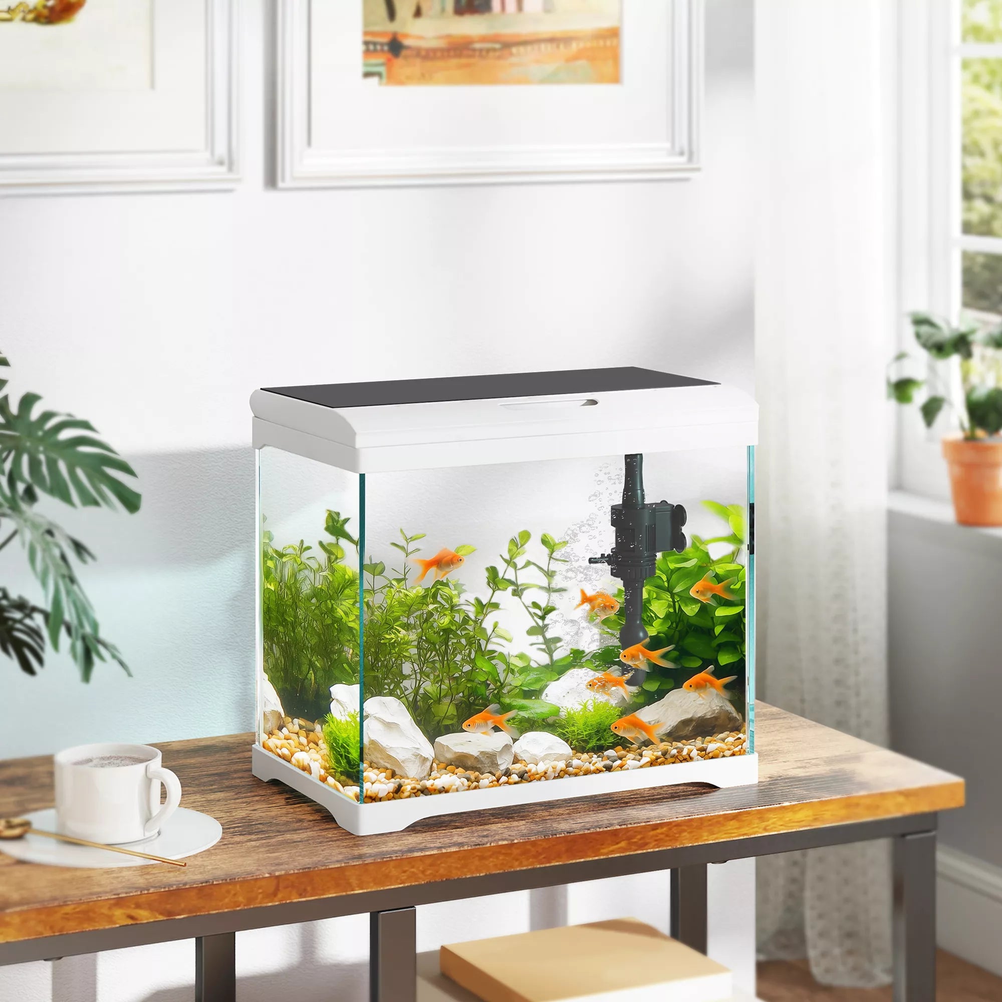 Akvariumas, 17 L tropinių žuvyčių akvariumas, lengva priežiūra, aiškus vaizdas, su LED apšvietimu, 35I x 21P x 31A cm, Baltas+Juodas