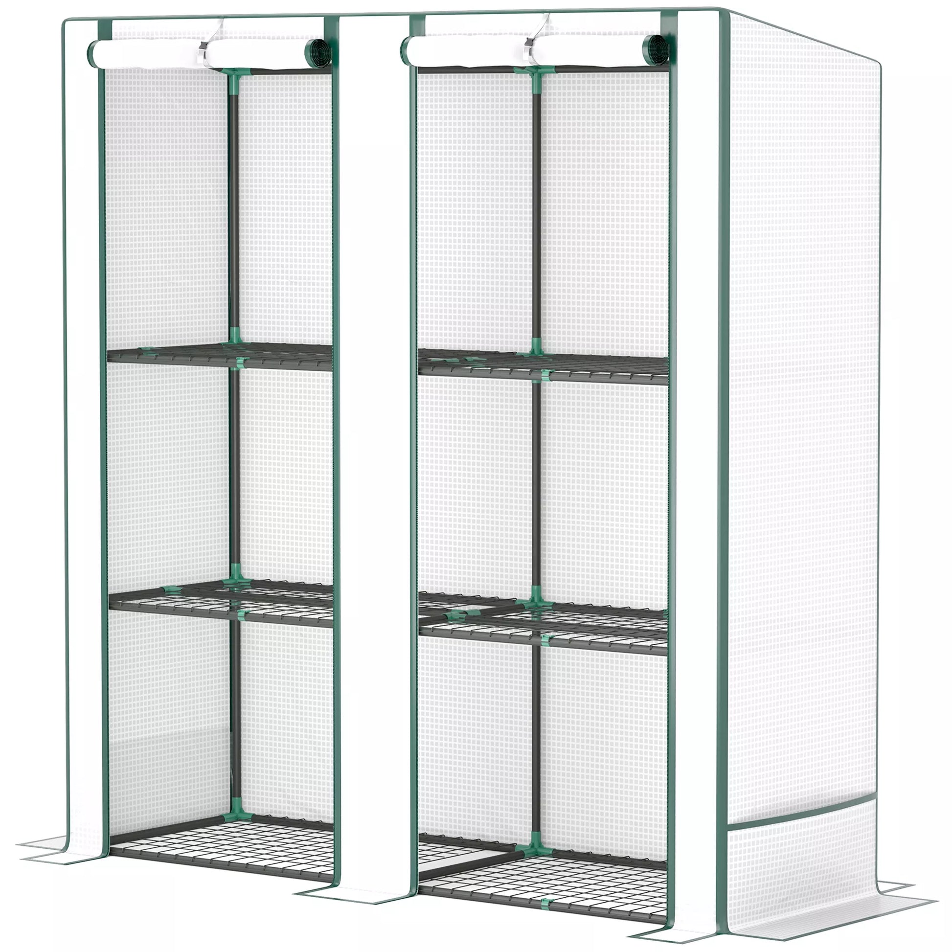 Mini šiltnamis su 3 lentynų stelažu, plastikiniu dangčiu, atsparus UV spinduliams, nešiojamas, su slankiosiomis durimis, 144 x 48 x 152 cm, balta