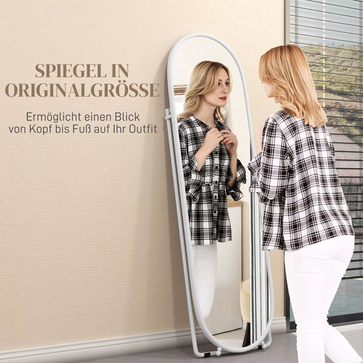 Viso kūno veidrodis, ovalo formos, laisvai stovintis, metalinis rėmas, 40x160cm, spalva: balta