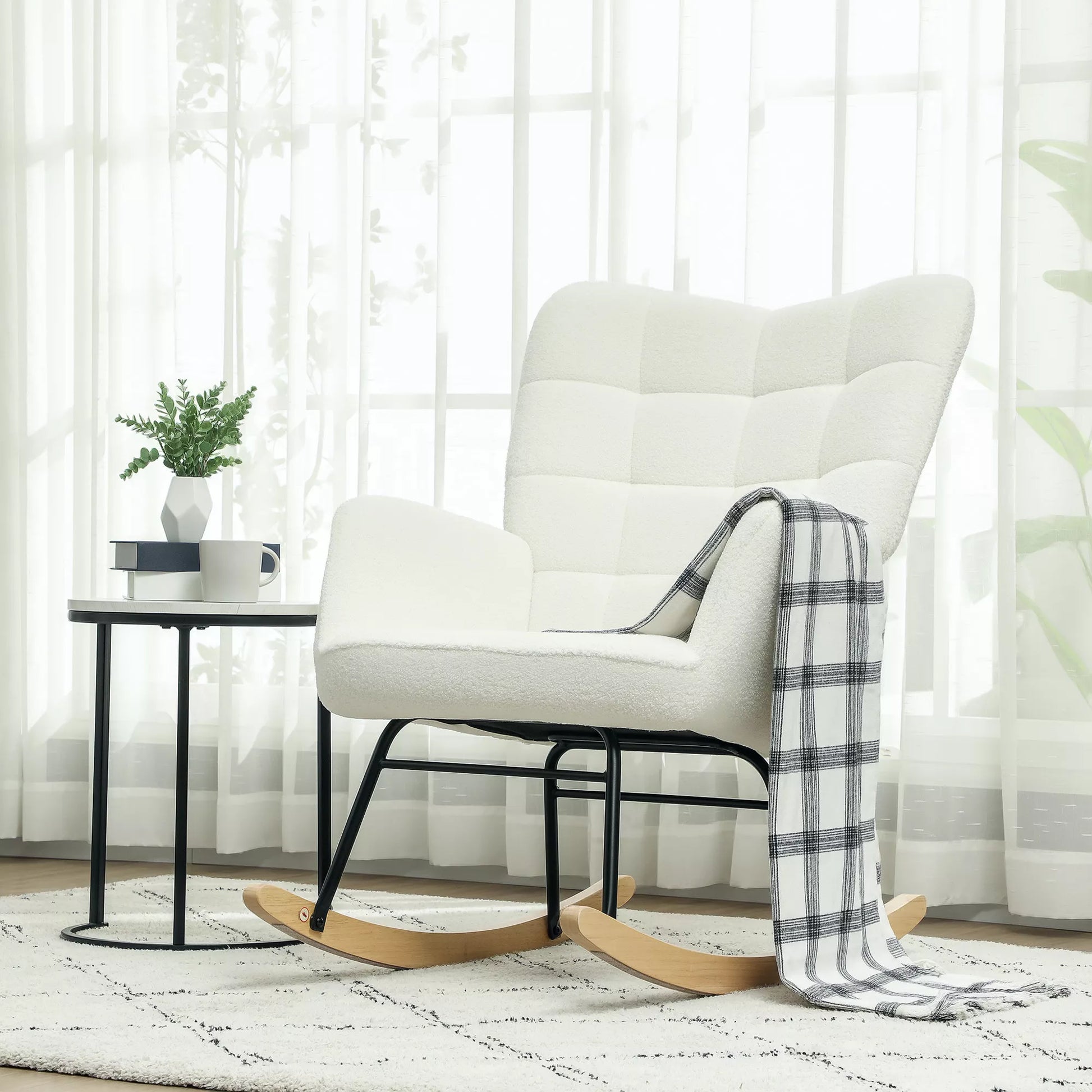 Sūpynės kėdė su atlošiamais porankiais, ergonomiška kėdė su mediniais slidžiais, skirta svetainei, miegamajam, balta