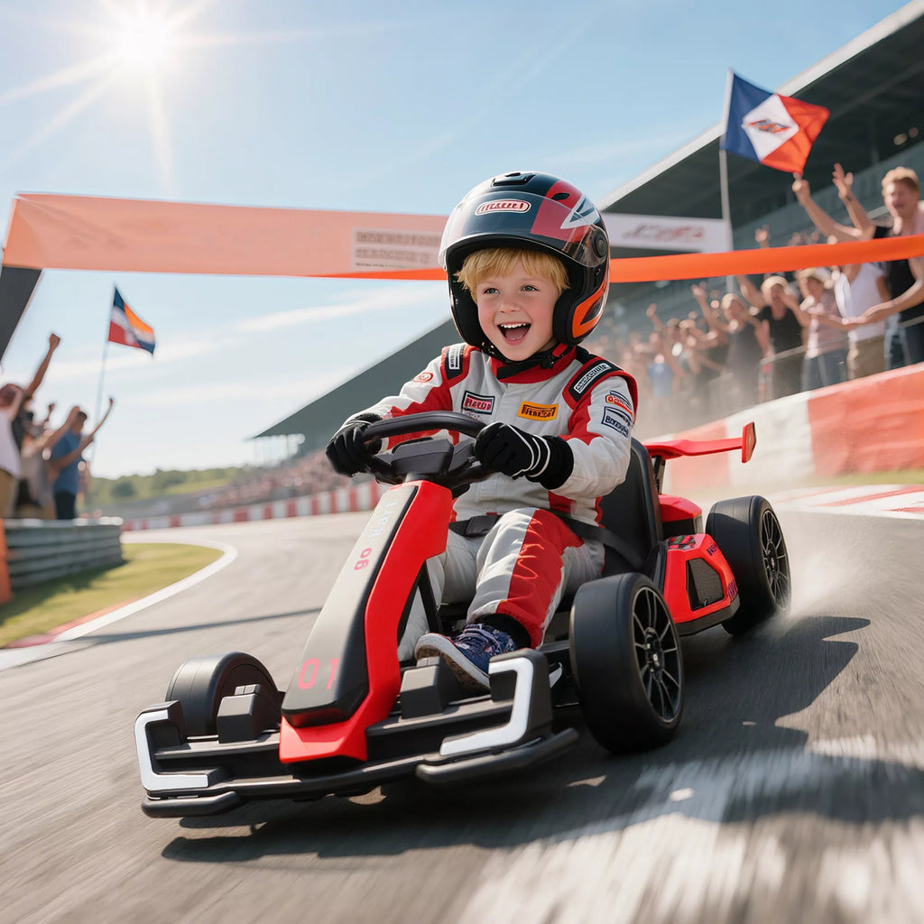 Go-Kart vaikams, elektrinis kartas su signaline ir muzikos funkcija, reguliuojama sėdynė, greitis iki 12 km/h, plastikas, metalas, raudonas