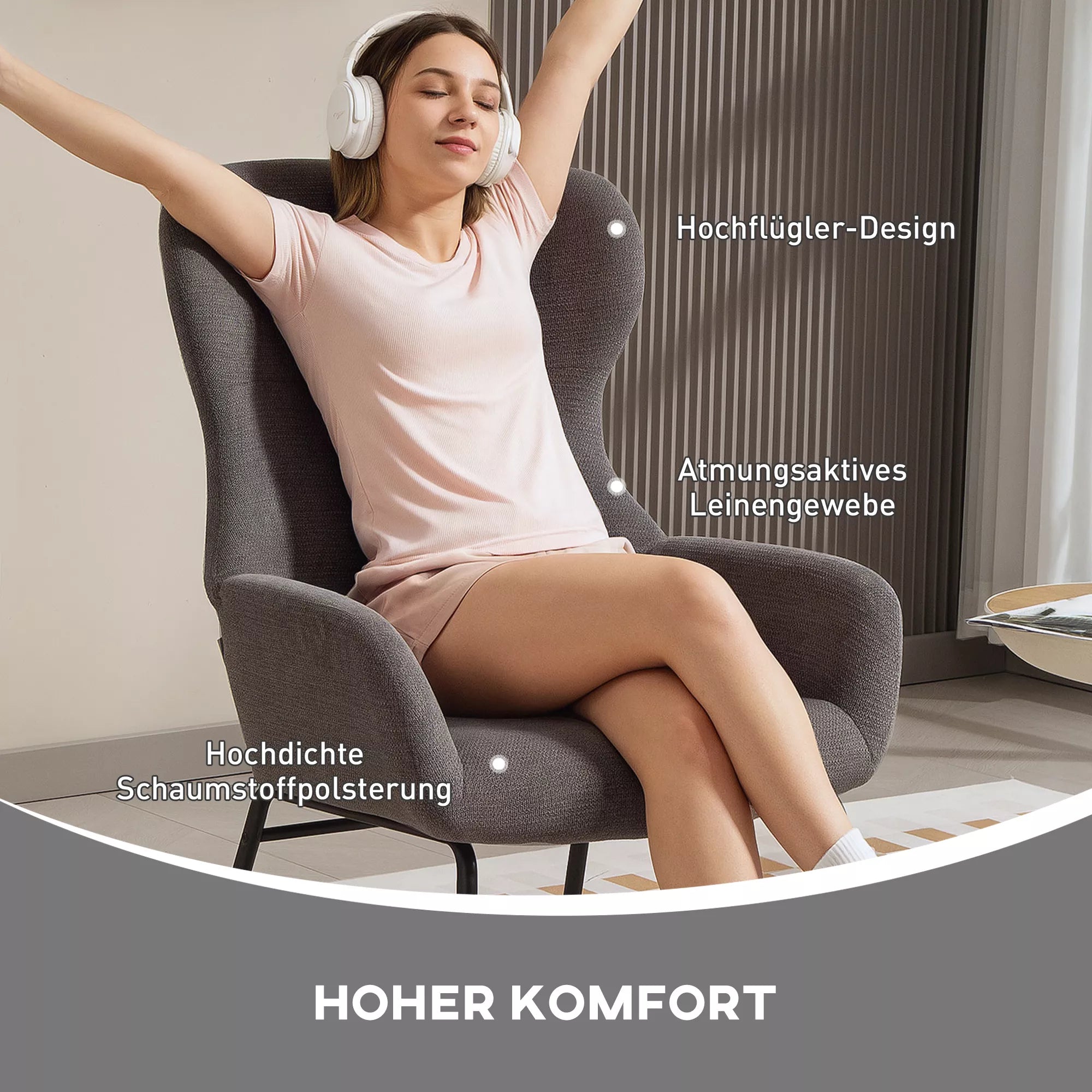 Infografika apie tamsiai pilko fotelio komfortą: aukšto atlošo dizainas, kvėpuojantis audinys