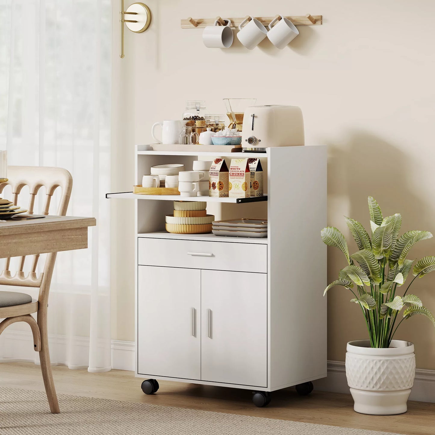 Spintelė mikrobangų krosnelei, lentyna, spintelė su dvigubomis durimis, stalčius, ratukai, balta