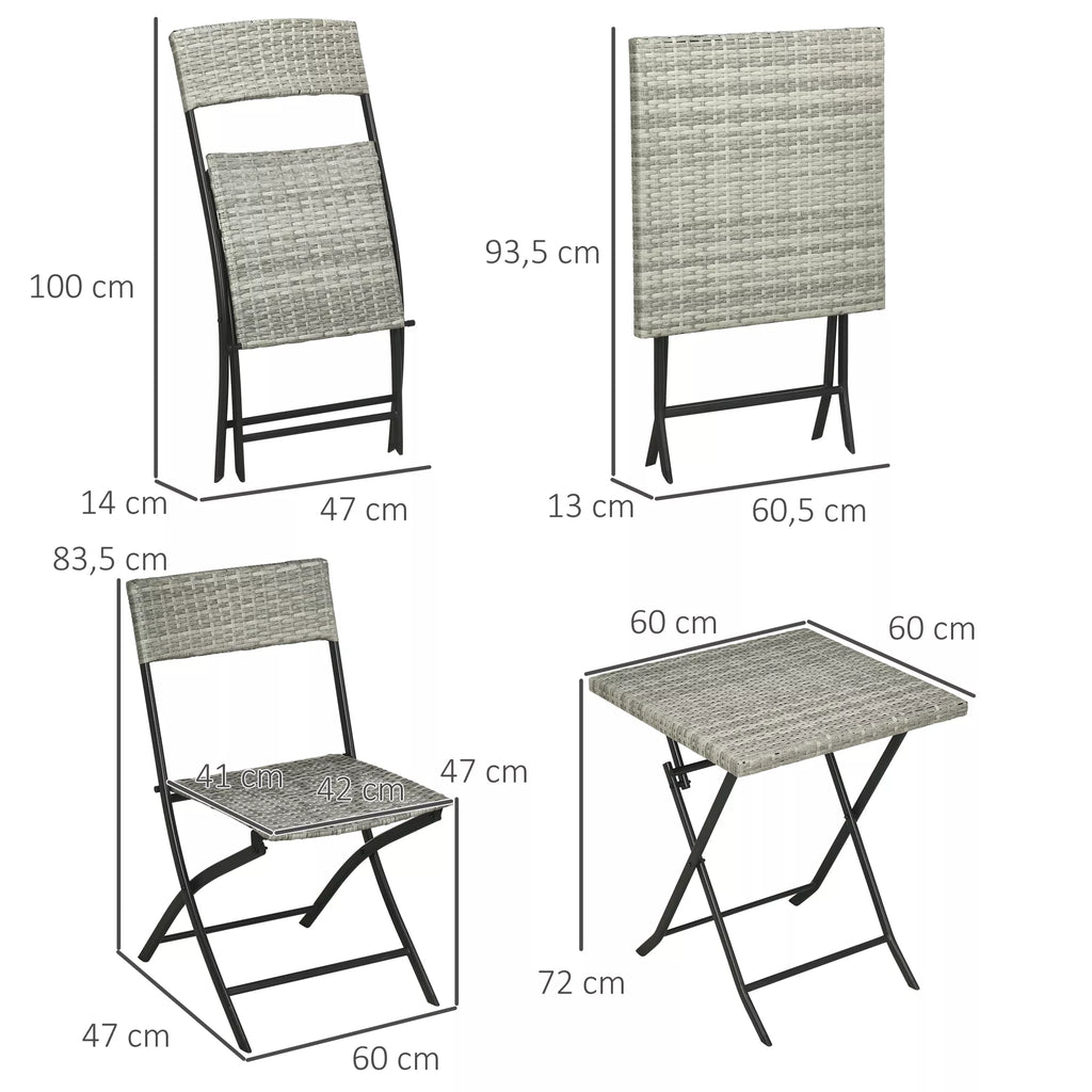 Outsunny 3 dalių sodo baldų komplektas, 2 sulankstomos kėdės, 1 sulankstomas stalas, rotango imitacija, metalinis rėmas, šviesiai pilkas