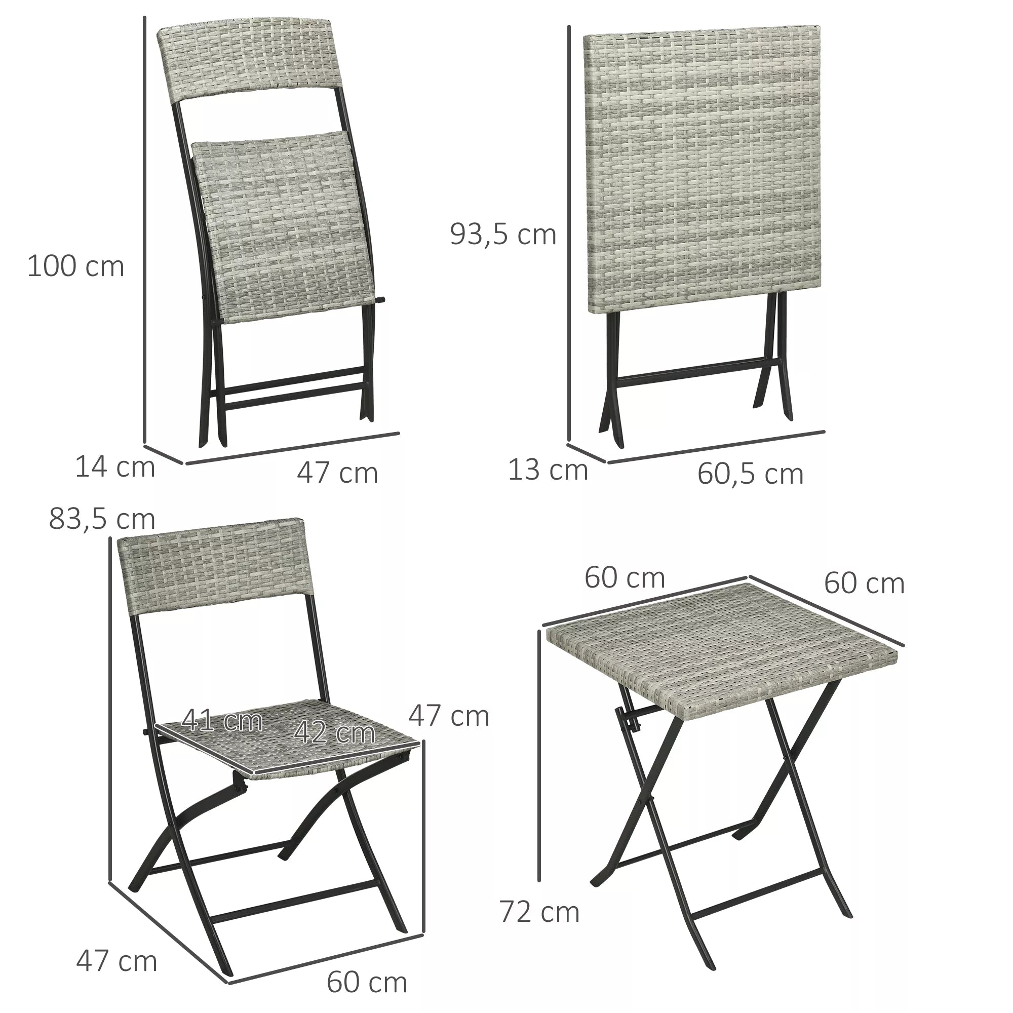 Outsunny 3 dalių sodo baldų komplektas, 2 sulankstomos kėdės, 1 sulankstomas stalas, rotango imitacija, metalinis rėmas, šviesiai pilkas