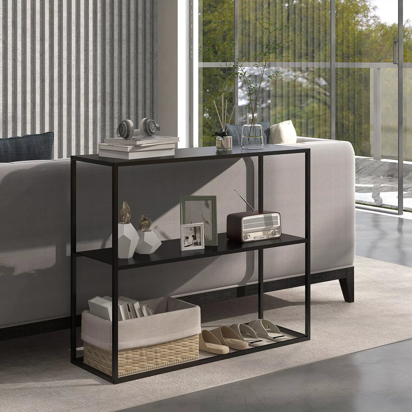 Konsolinis staliukas, komoda, 2 lentynos, milteliniu būdu dengtas plienas, 90 x 30 x 75cm, juodas