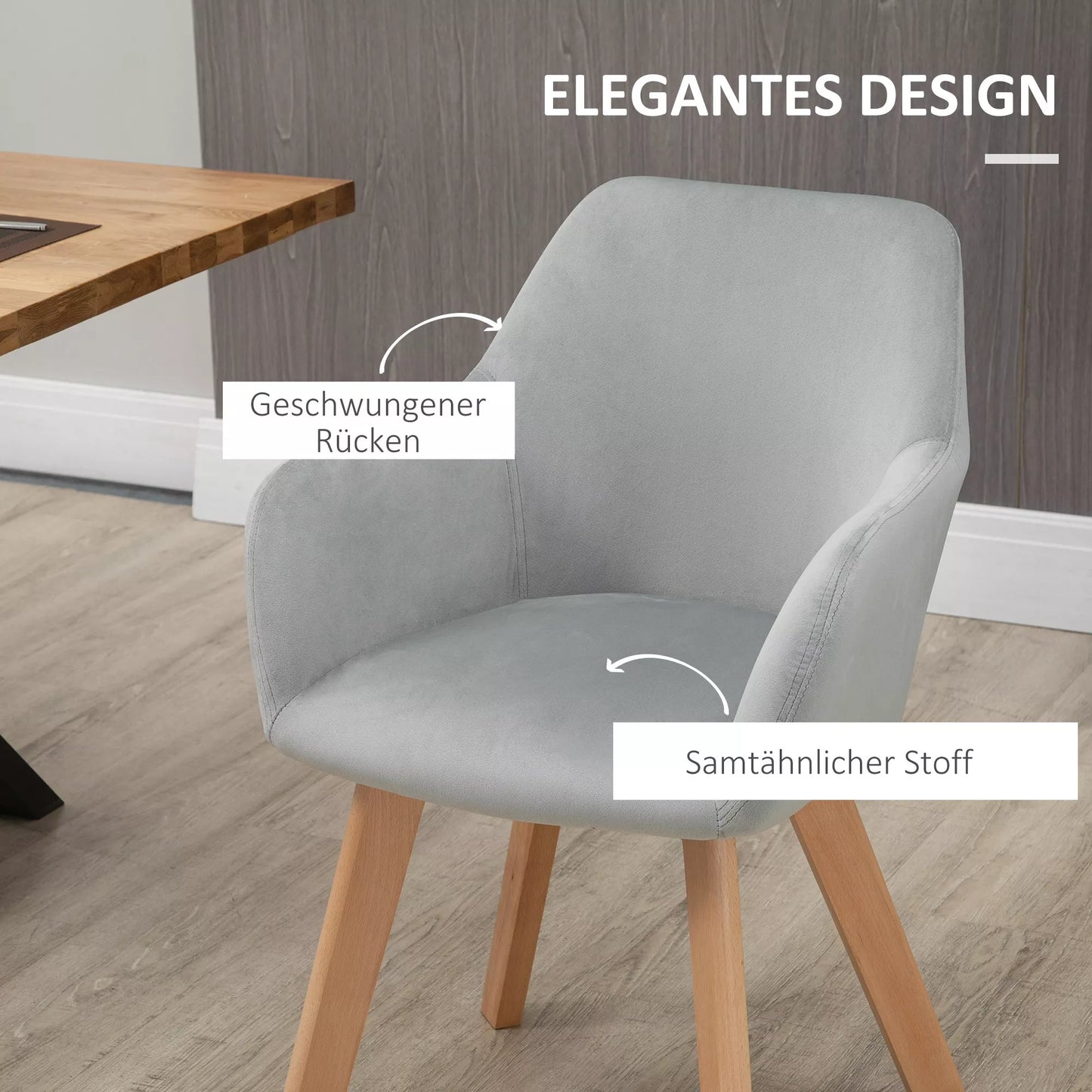 2 kėdžių komplektas, valgomojo kėdės, velveto išvaizda, medinės kojos, 54 cm x 57 cm x 80 cm, pilka + natūrali