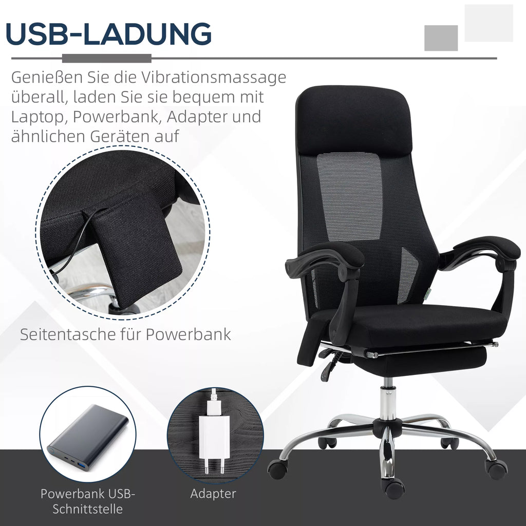 Vinsetto biuro kėdė su masažo funkcija, 2 vibracijos taškai, USB sąsaja, juoda