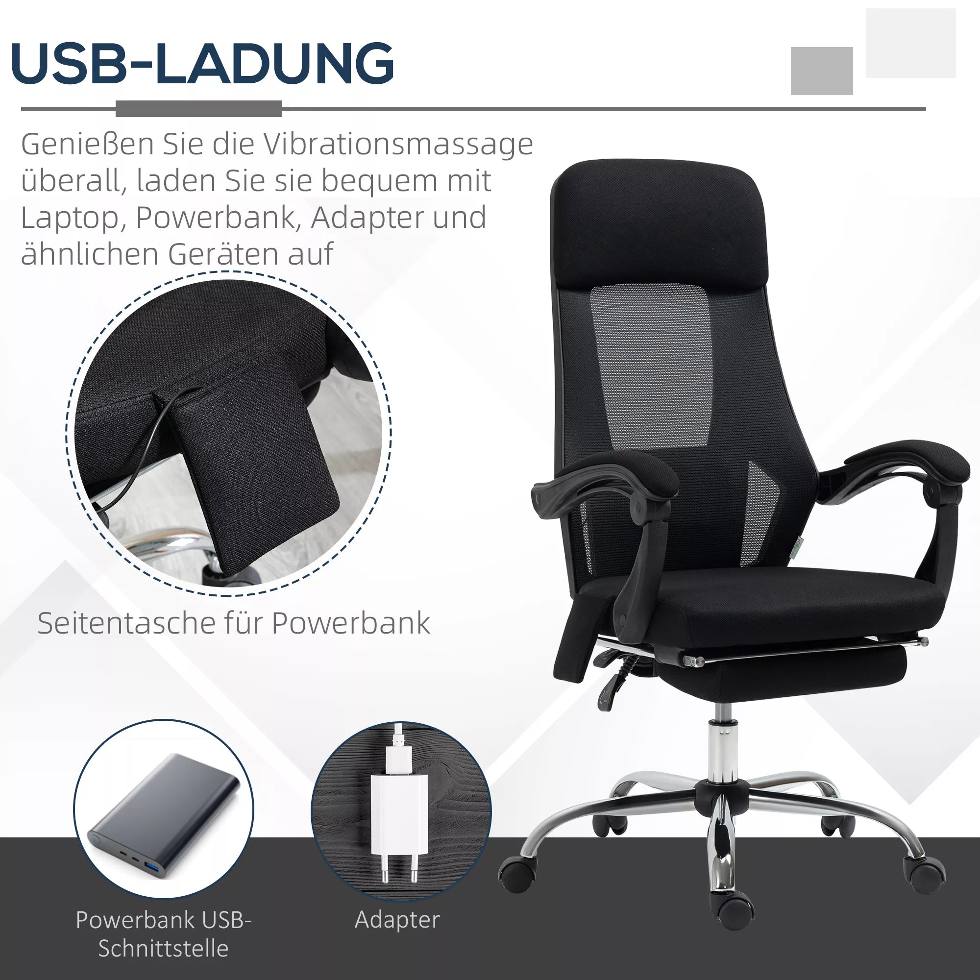 Vinsetto biuro kėdė su masažo funkcija, 2 vibracijos taškai, USB sąsaja, juoda