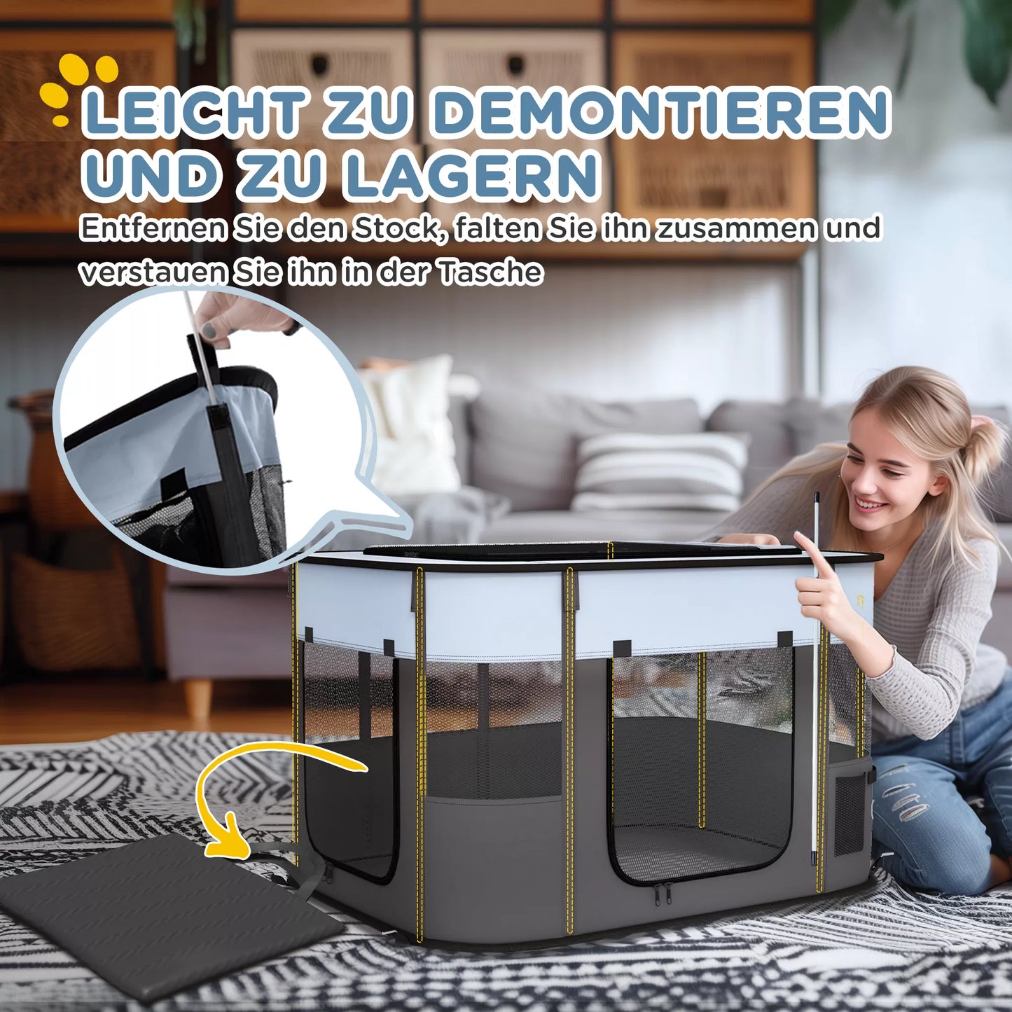 Sulankstomas žaidimų aptvaras naminiams gyvūnams su laikymo krepšiu, skirtas šuniukams ir kačiukams, naudoti lauke ir viduje, pilkos spalvos