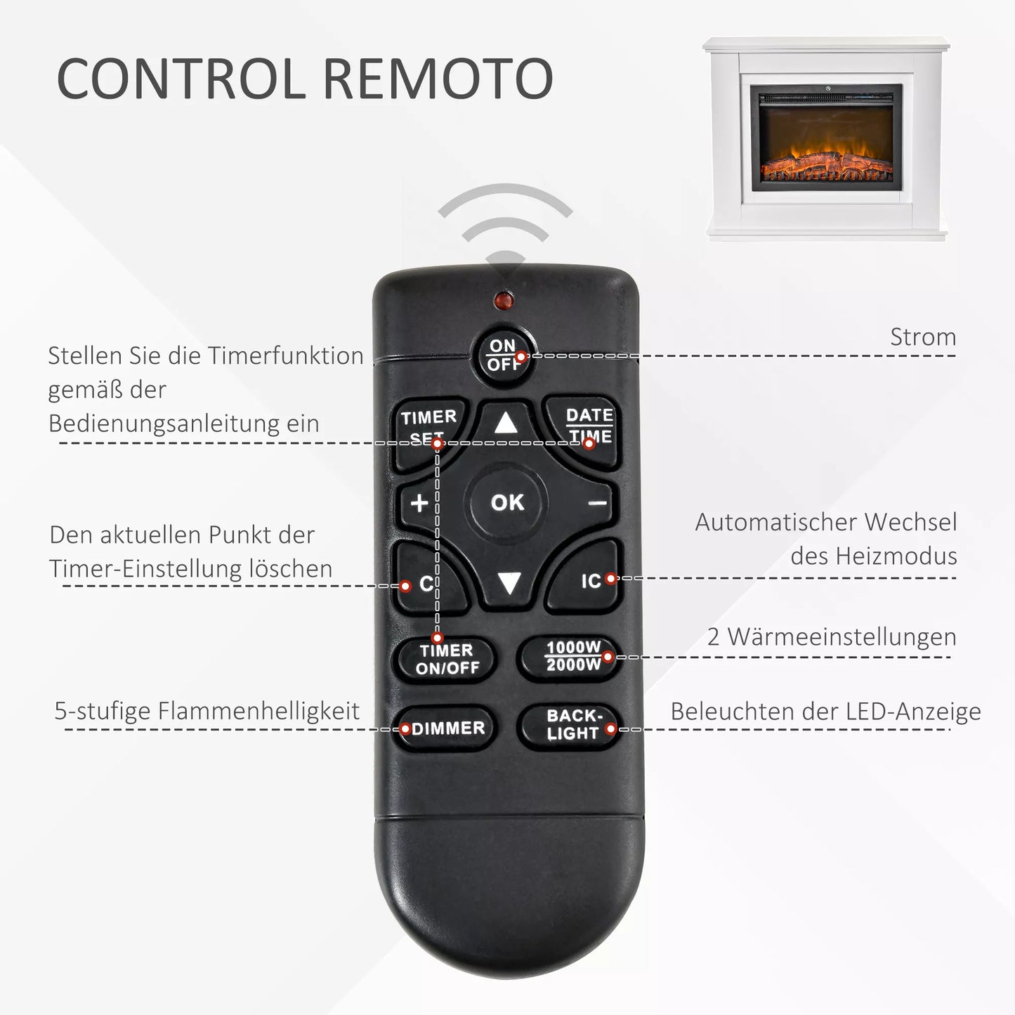 Elektrinis židinys, 3D LED liepsnos, nuotolinio valdymo pultelis, laikmatis, MDF, baltas