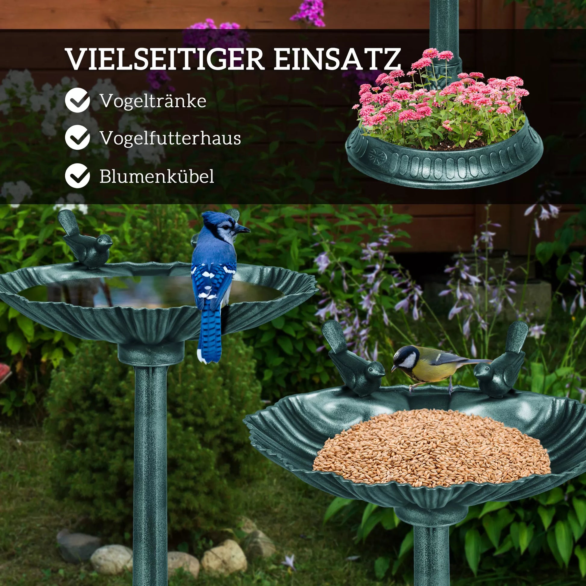 Paukščių girdykla, paukščių vonia su statulėlėmis, 2 baseinai, plastikas, senovinis stilius, 49,5L x 38B x 81H cm, tamsiai žalia