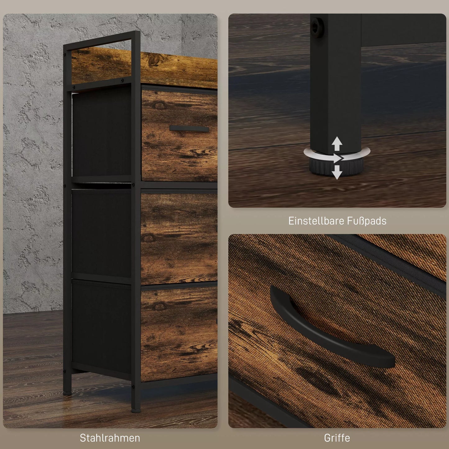 Komoda, spintelė, 4 audininiai stalčiai, industrialinis dizainas, 60x29x85cm, ruda/juoda