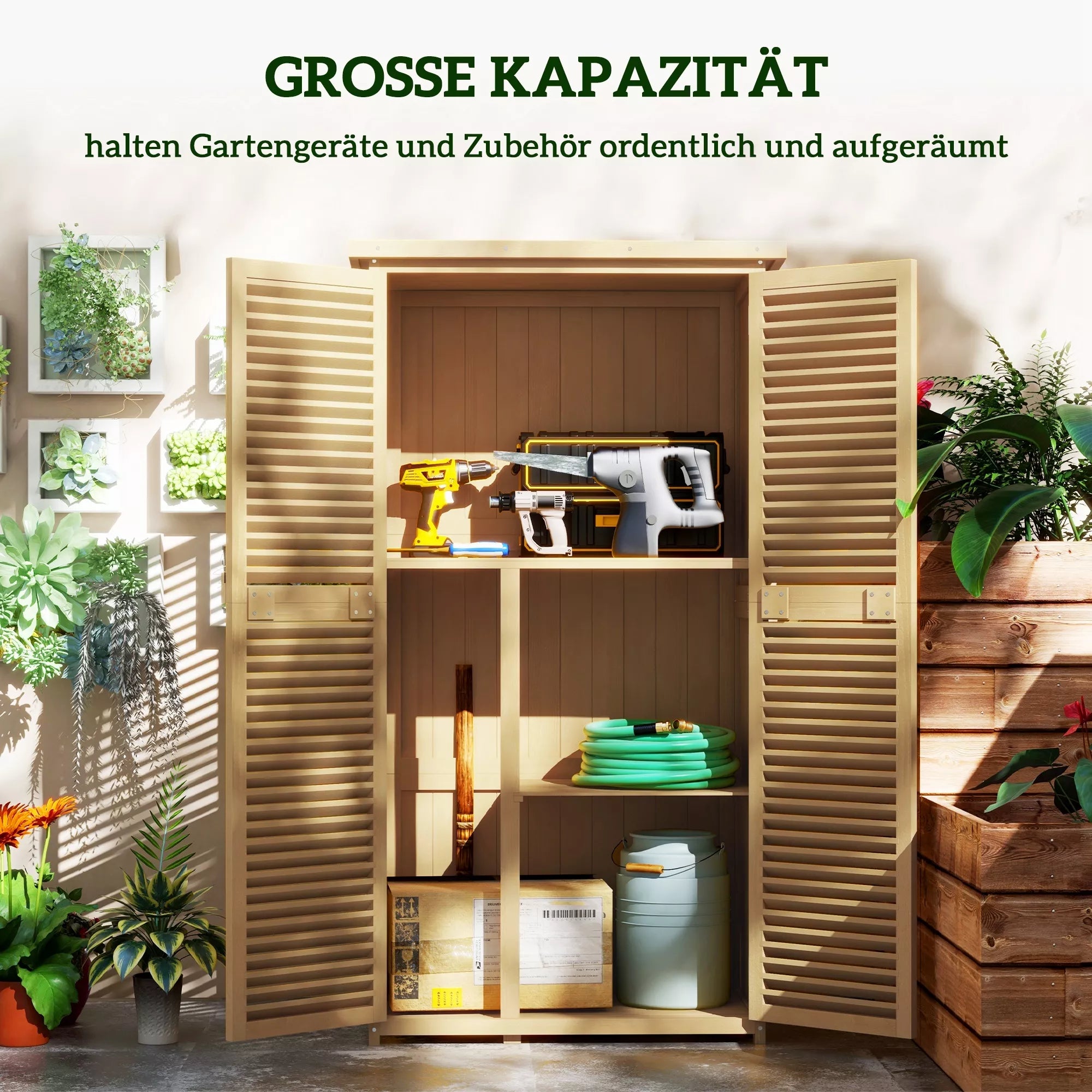 Sodo komoda, atspari atmosferos poveikiui, 2 durys su spyna, pušies mediena, 87L x 46,5B x 160H cm, šviesiai geltona