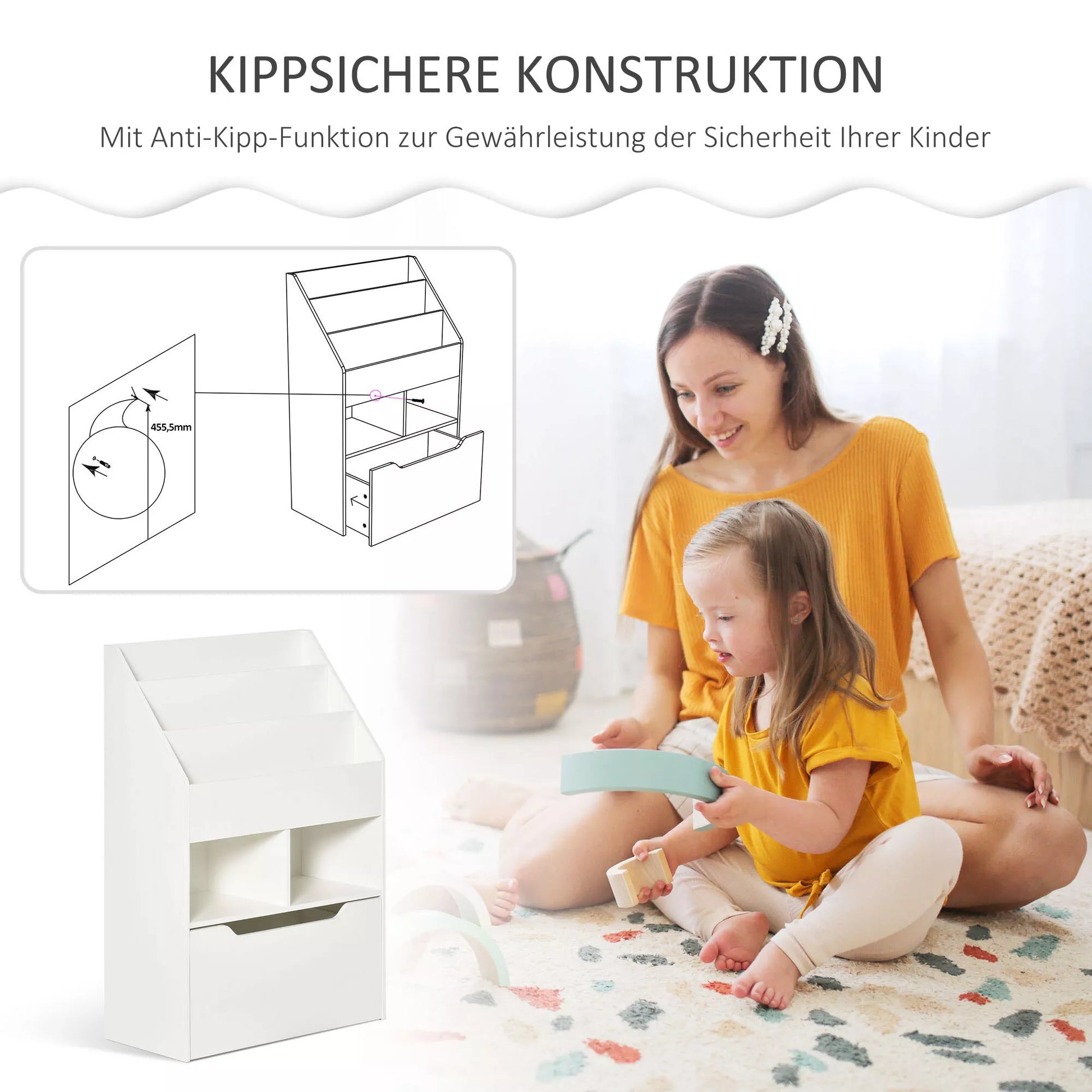 Vaikiška lentyna su stalčiumi, knygų lentyna su skyriais, 60 x 29,9 x 90 cm, balta