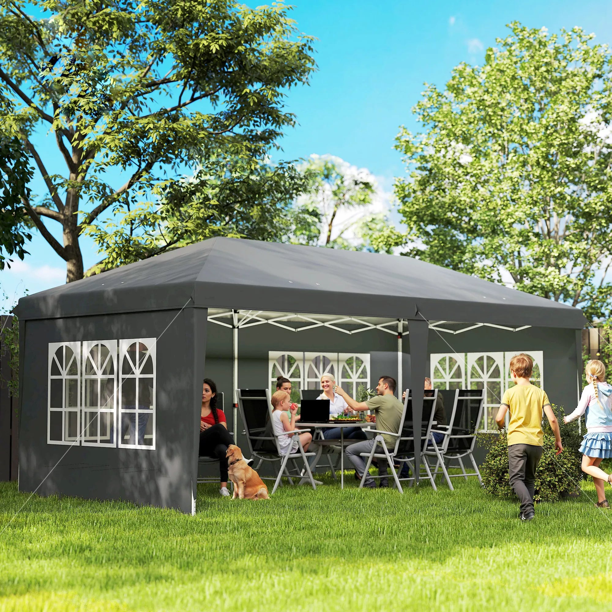 Greitai surenkama pavėsinė, sulankstomas renginių paviljonas, poliesteris ir plienas, 3x6 m, pilka