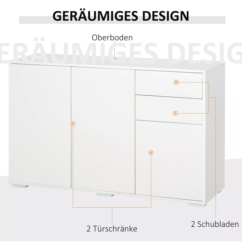 Bufetas Komoda, 2 stalčiai, „Push-Click“ sistema, 117 cm x 36 cm x 74 cm, balta