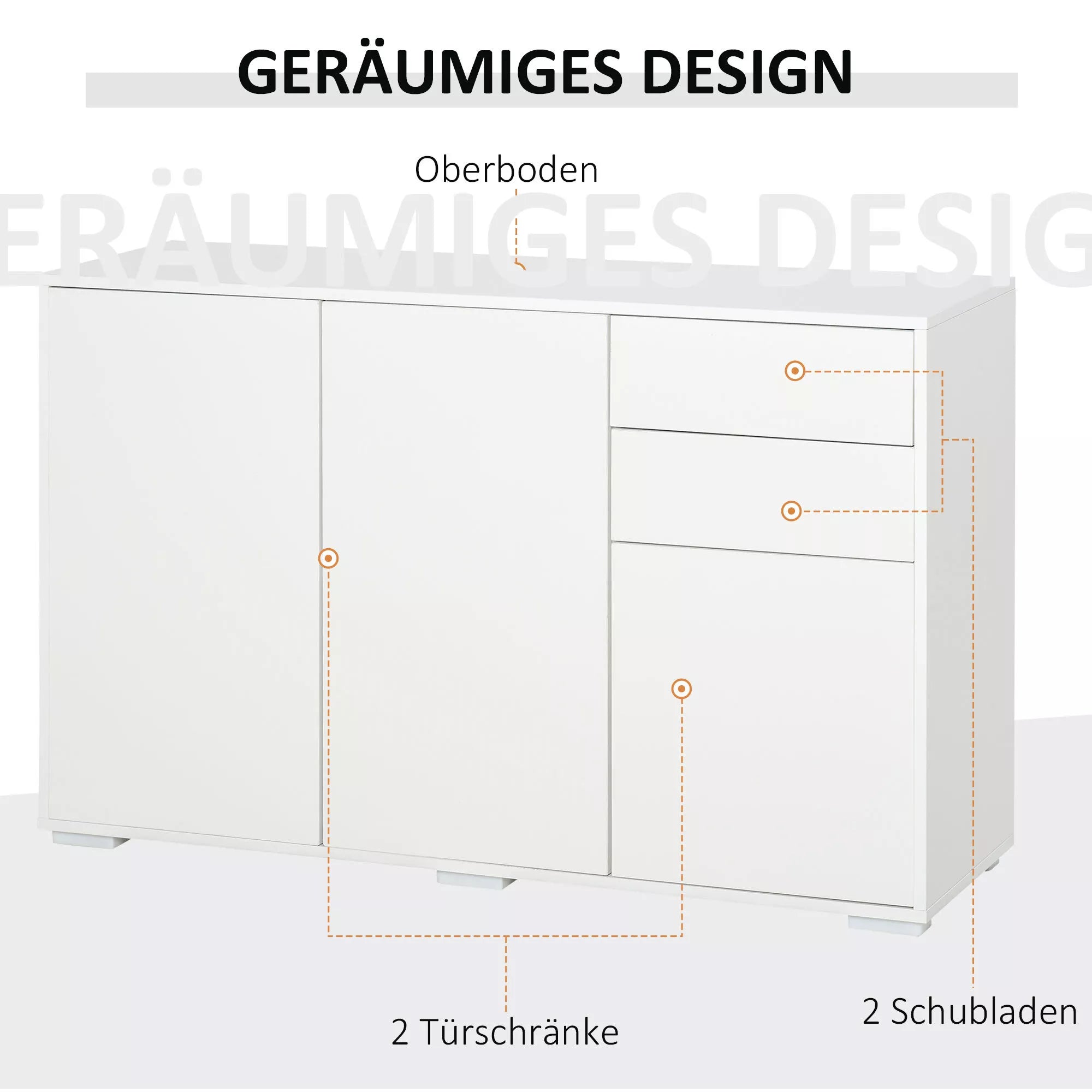 Bufetas Komoda, 2 stalčiai, „Push-Click“ sistema, 117 cm x 36 cm x 74 cm, balta
