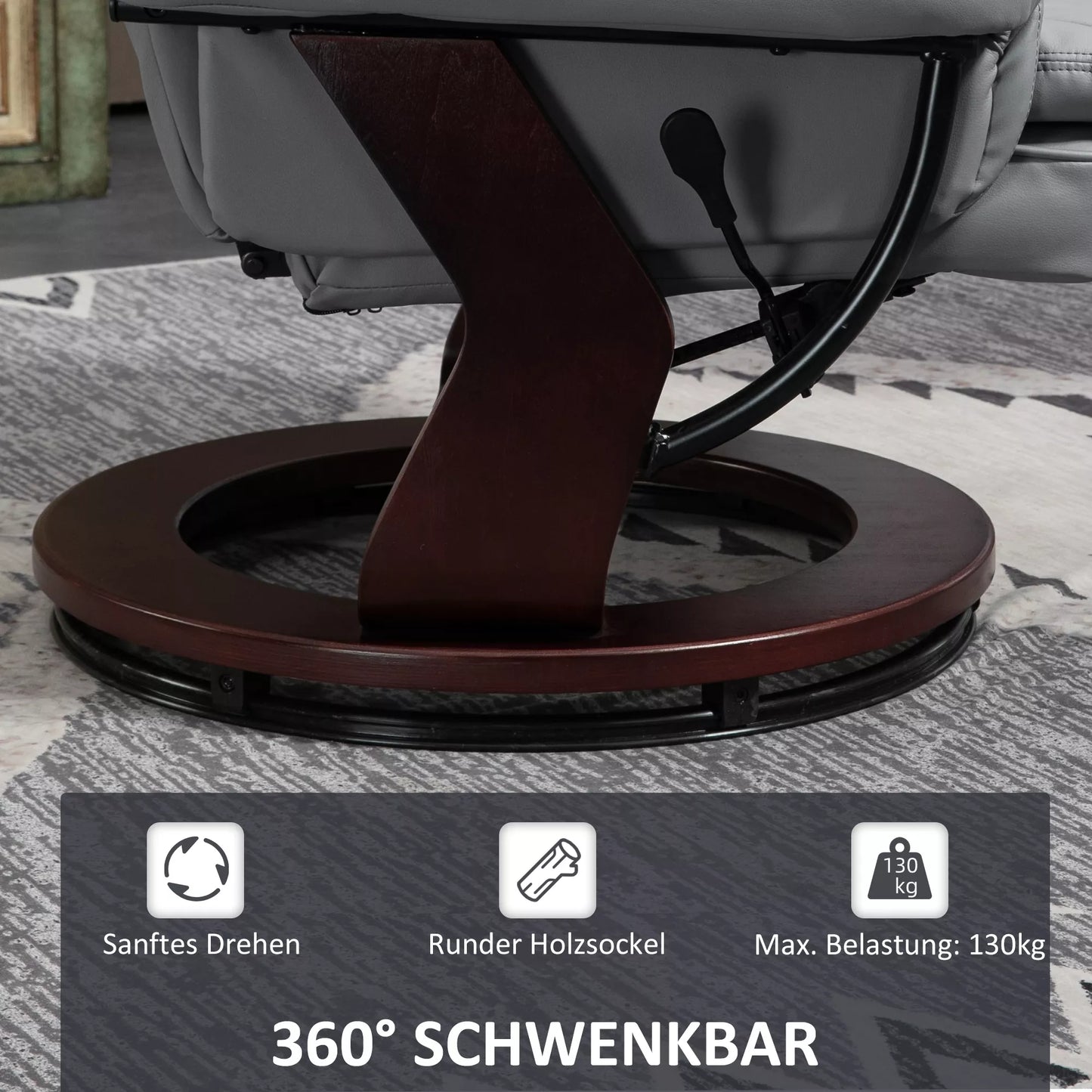 Besisukantis relaksacinis krėslas su pakoja, reguliuojama atlošo padėtimi, odos imitacijos, iki 130 kg, pilkas