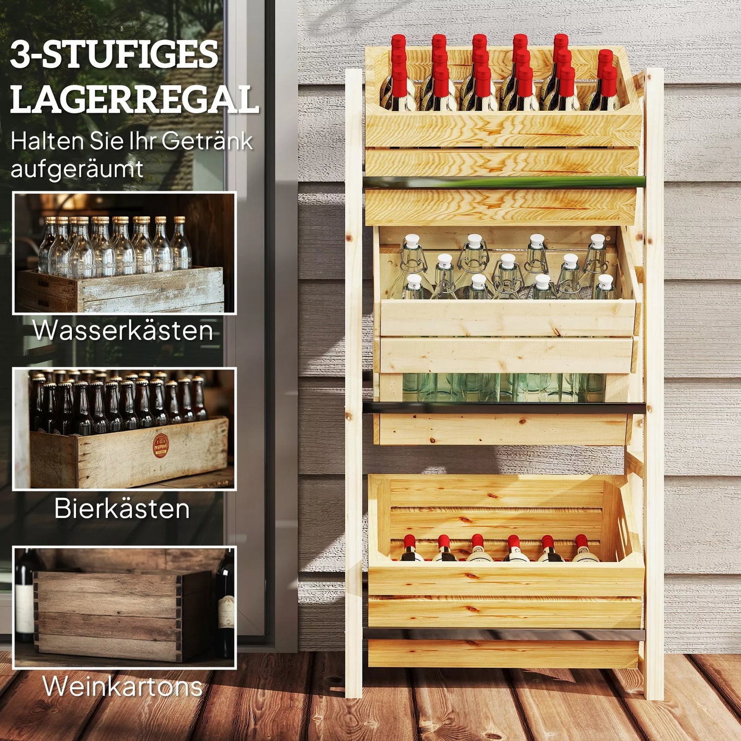 Medinė lentyna 3 gėrimų dėžėms, 3 pakopų, natūrali mediena, 56 x 32 x 112 cm