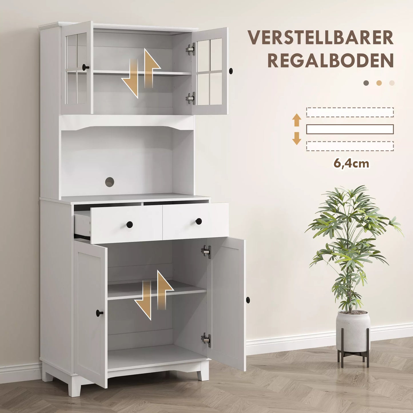 Laisvai pastatoma virtuvės spintelė su stalviršiu mikrobangų krosnelei, kavos aparatui, skyriams, stiklinėmis durelėmis, balta