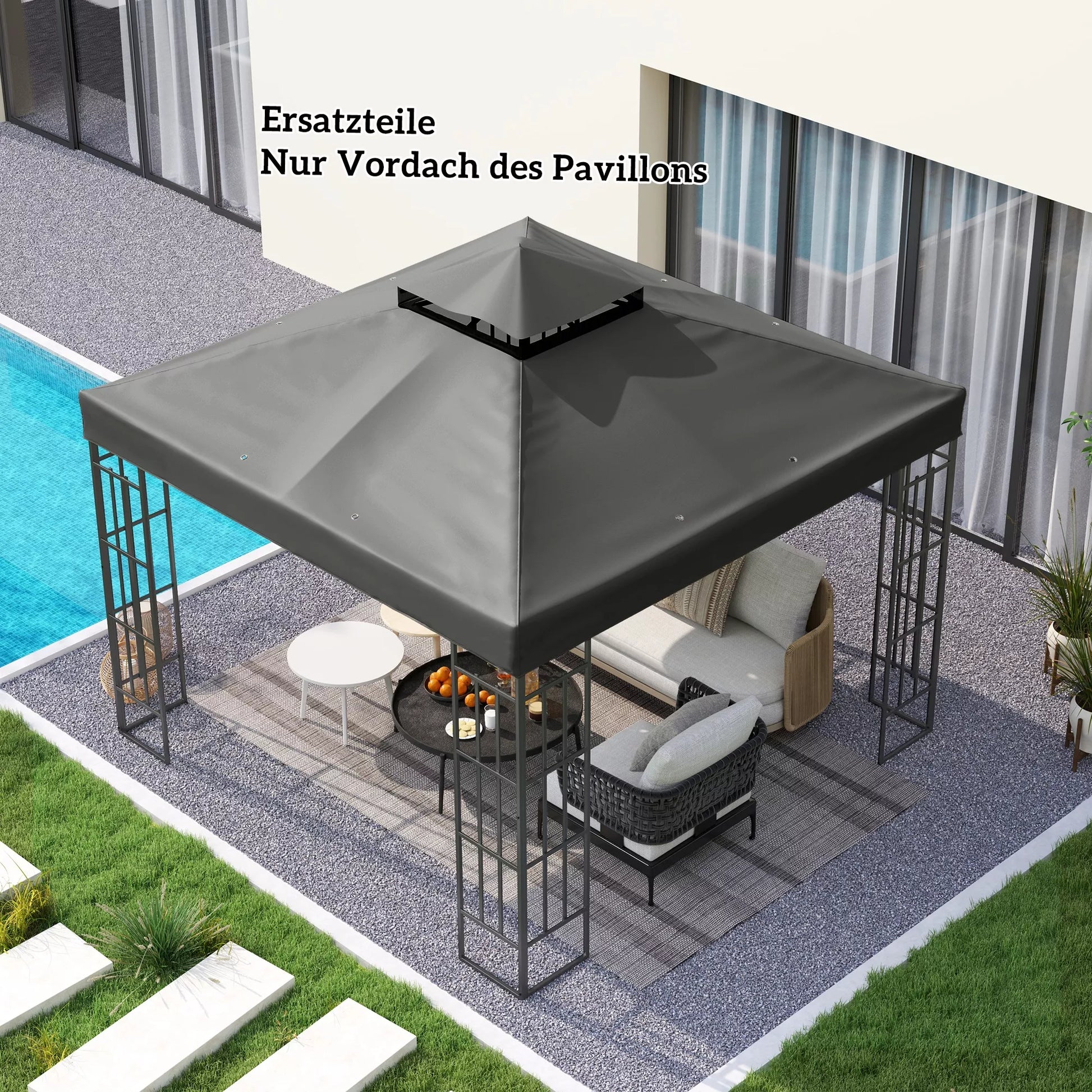 3 x 3 m atsarginis stogas paviljonui, atsarginis paviljono tentas su vandens nutekėjimo angomis, UPF30+, apsauga nuo saulės, tamsiai pilkos spalvos