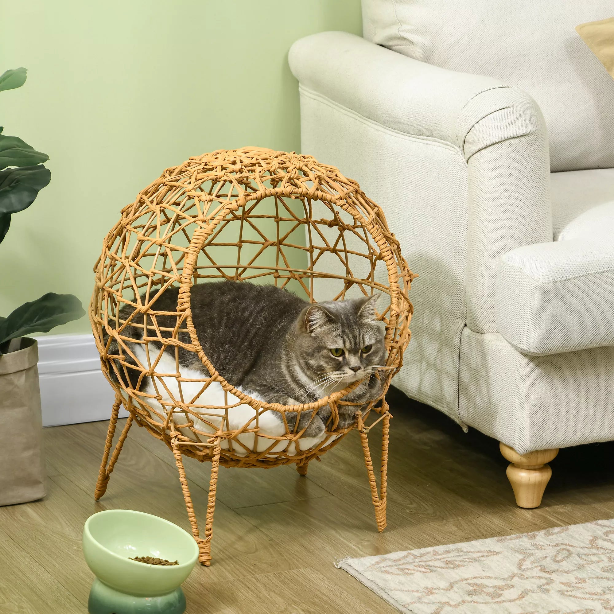 Rattan katės krepšys Katės urvas Katės namelis Katės lovelė su pagalvėle Pakelta konstrukcija Naminių gyvūnų lovelė Ruda Ø45 x 57H cm
