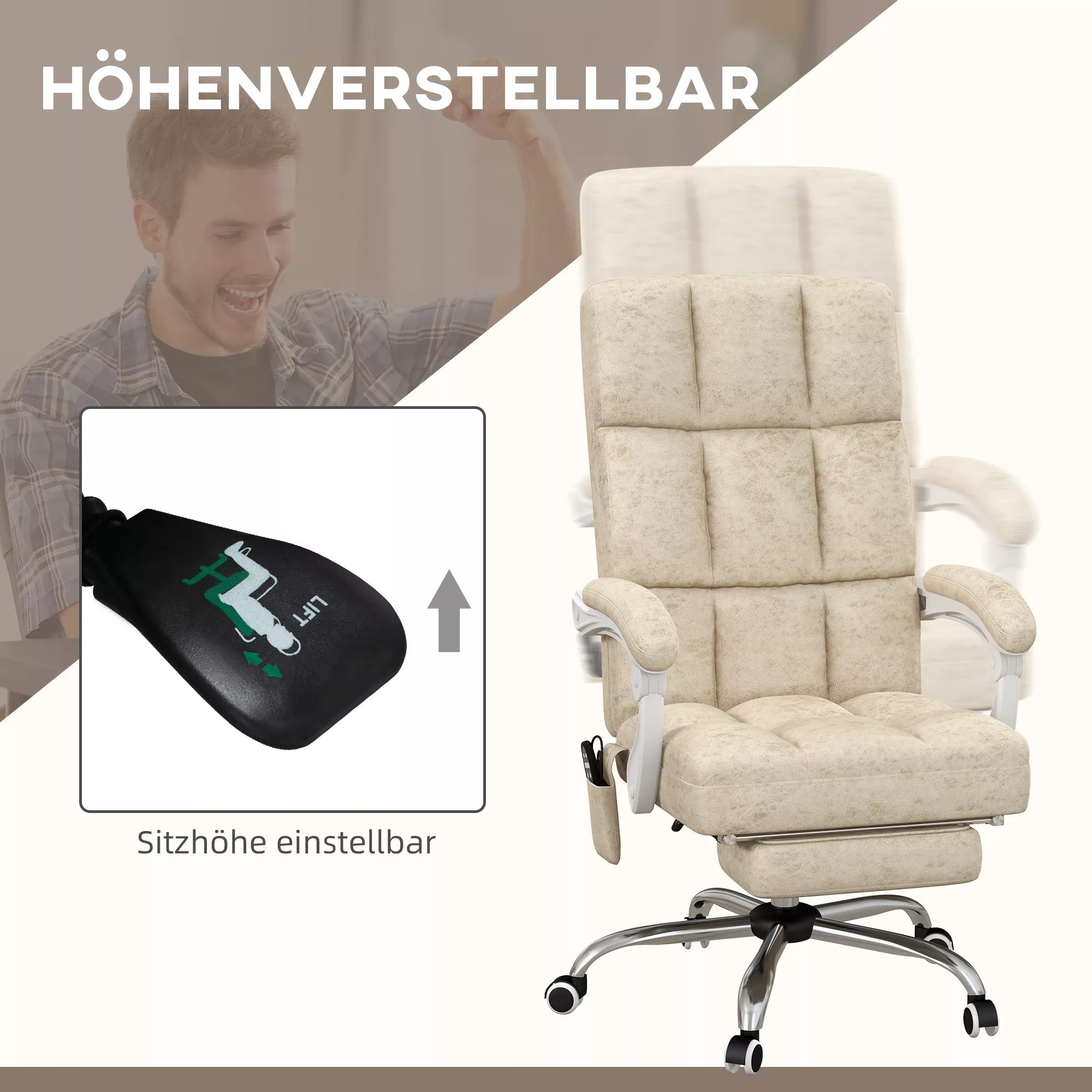 Biuro kėdė su masažo ir šildymo funkcija, ištraukiama atrama kojoms, reguliuojama, iki 120kg, smėlio spalvos.