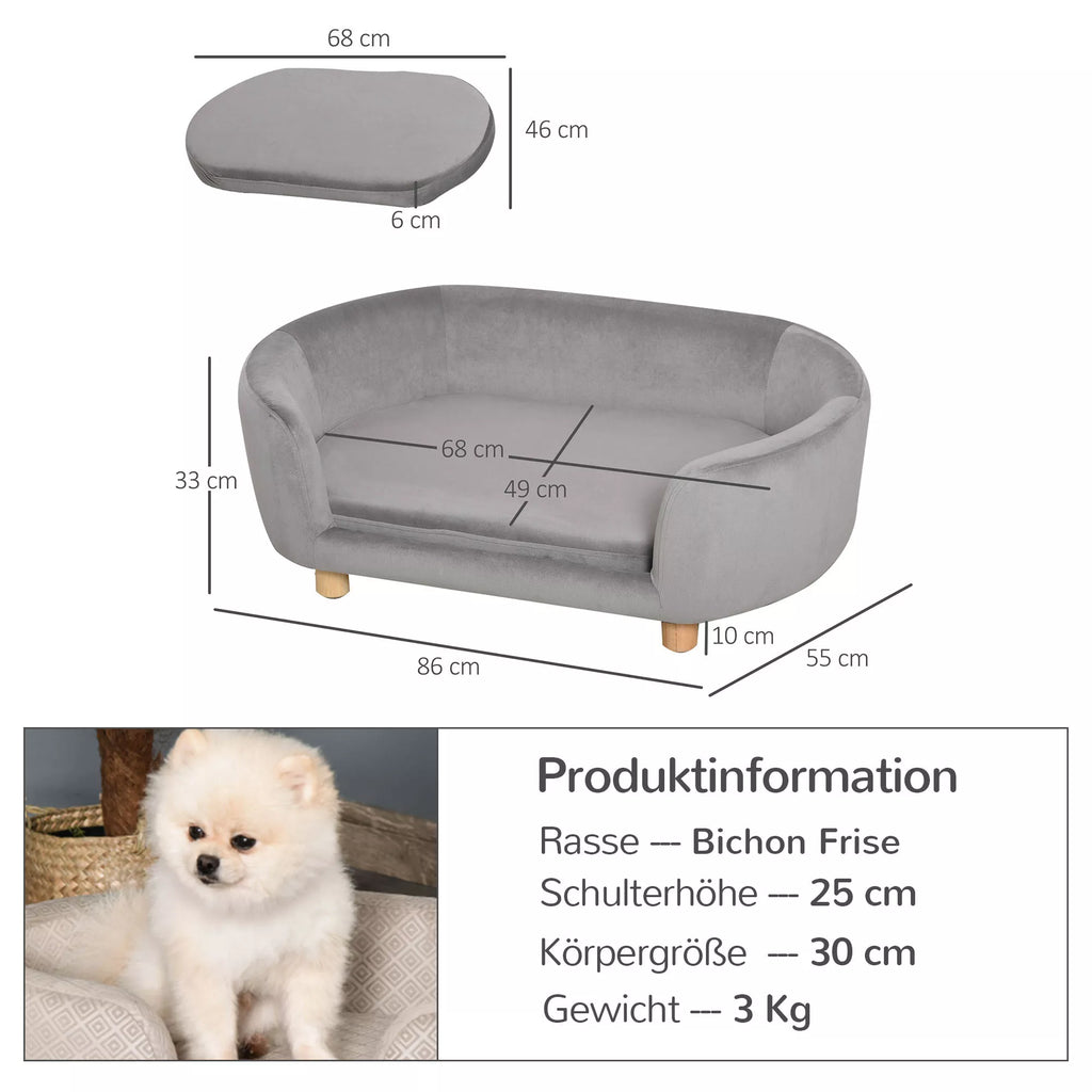 Naminių gyvūnų sofa Šunų sofa Šunų lova su olandišku aksomu Putų guma Beržo kojos Katėms Šunims  86 x 55 x 33 cm Šviesiai pilka
