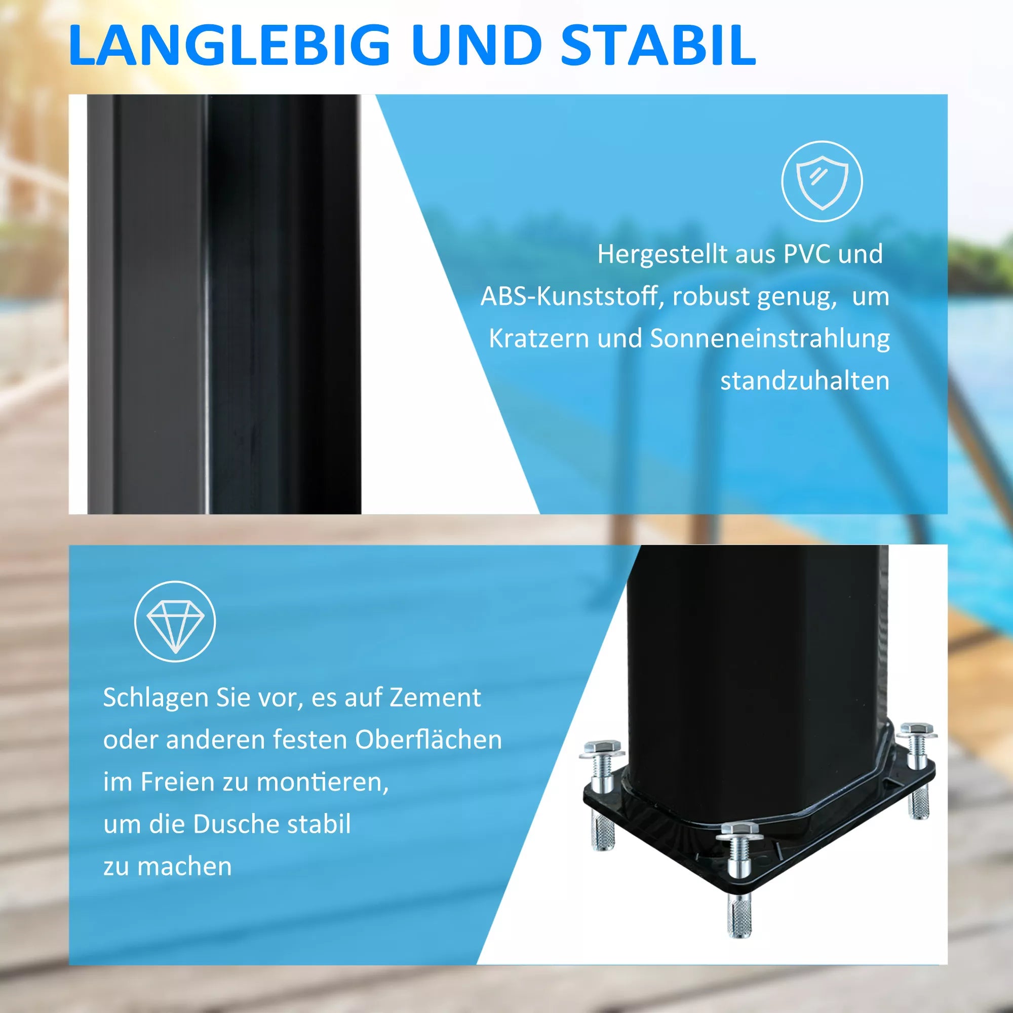 Saulės dušas 35 litrai 0–55 ℃ šiltas vanduo Kempingo baseino dušas su čiaupu ir lietaus dušo galvute Juodas 17,5 x 14,5 x 216 cm