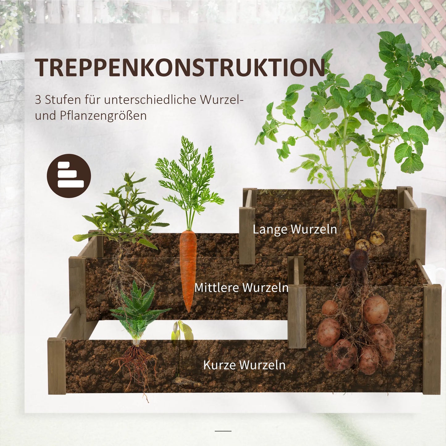 Paaukštinta lysvė, 4 sodinimo loveliai ant 3 pakopų, atsparus oro sąlygoms, medžio masyvas, 122 cm x 122 cm x 51 cm, natūralus